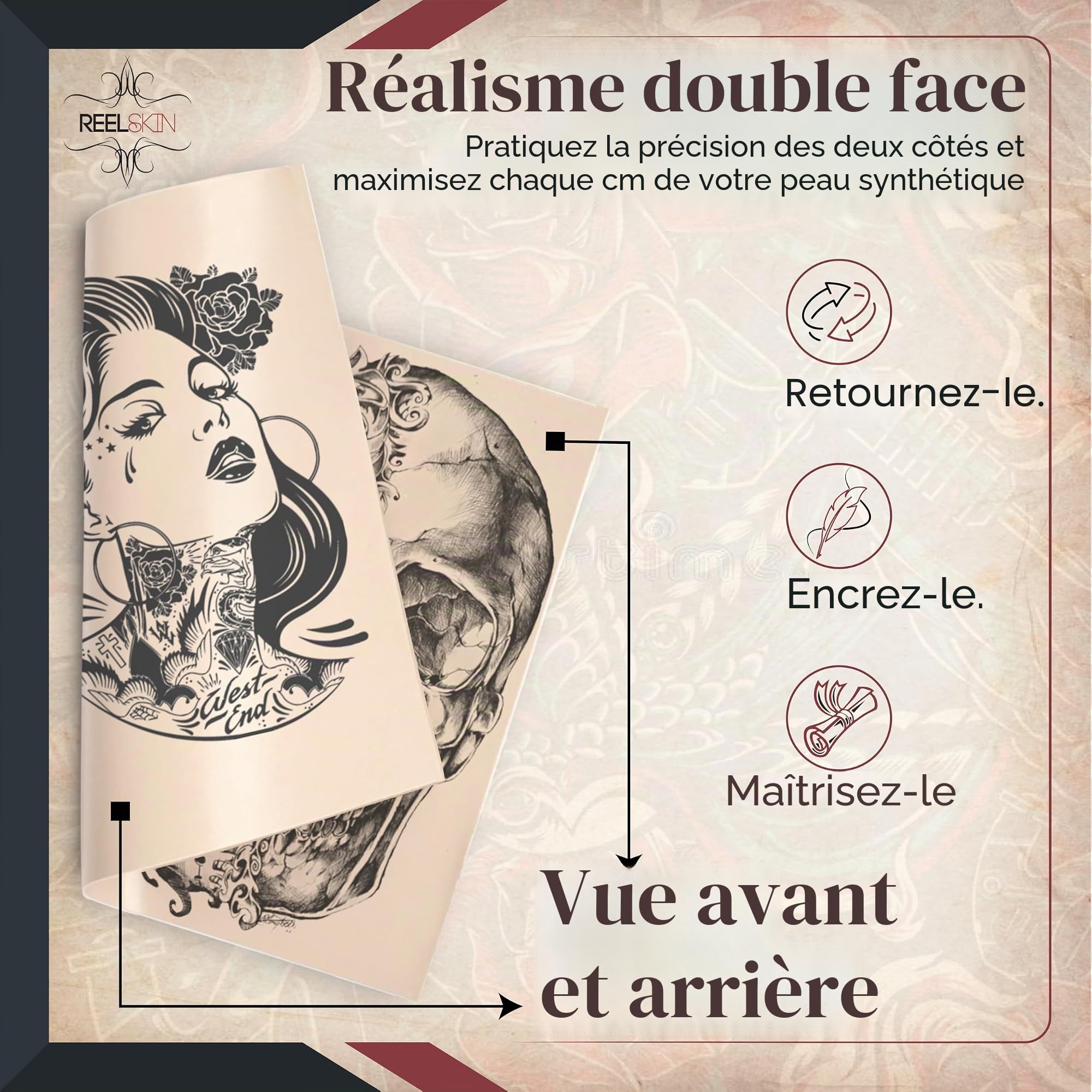 Reelskin Lot de 3 feuilles de silicone double face A4 pour pratique du tatouage, épaisseur 2,5 mm, s'étire comme de la vraie peau