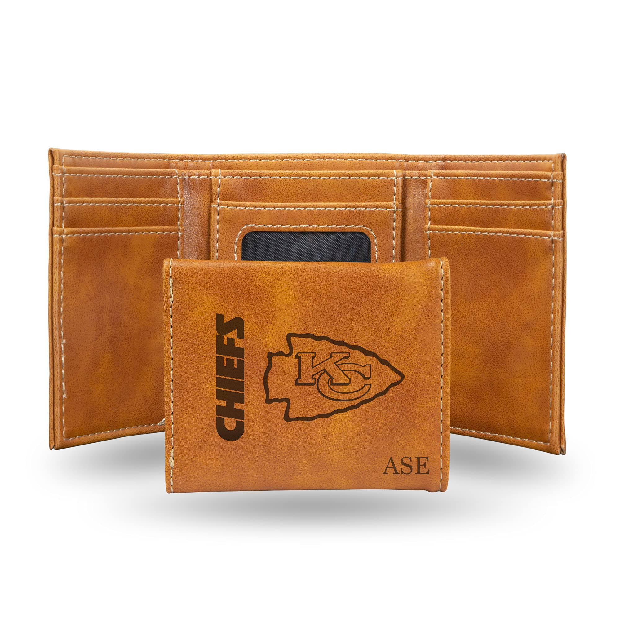Rico Industries NFL Football Kansas City Chiefs Brown Personalized-Custom Laser Engraved Tri-fold Wallet - Slim Wallet