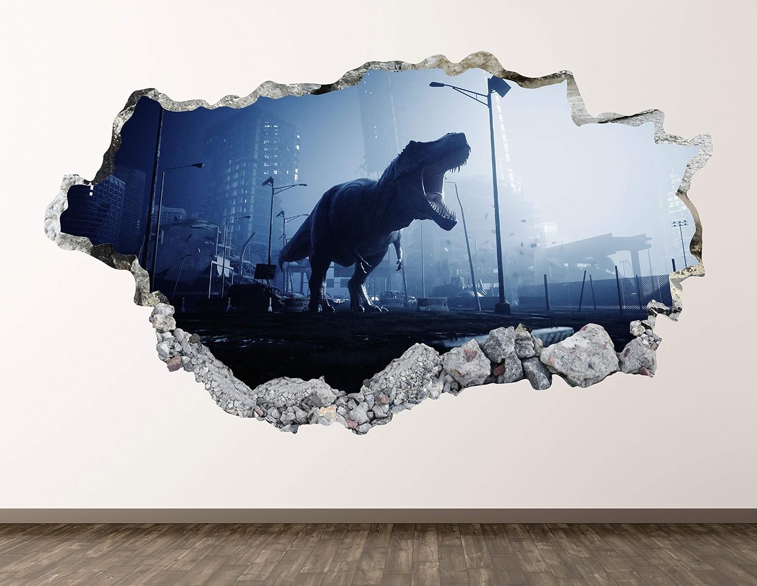 T-Rex Wall Decal Art Decor 3D Smashed Horror Dinosaur Sticker Poster City Attack Room Mural Custom Gift BL949 (70"W x 40"H)