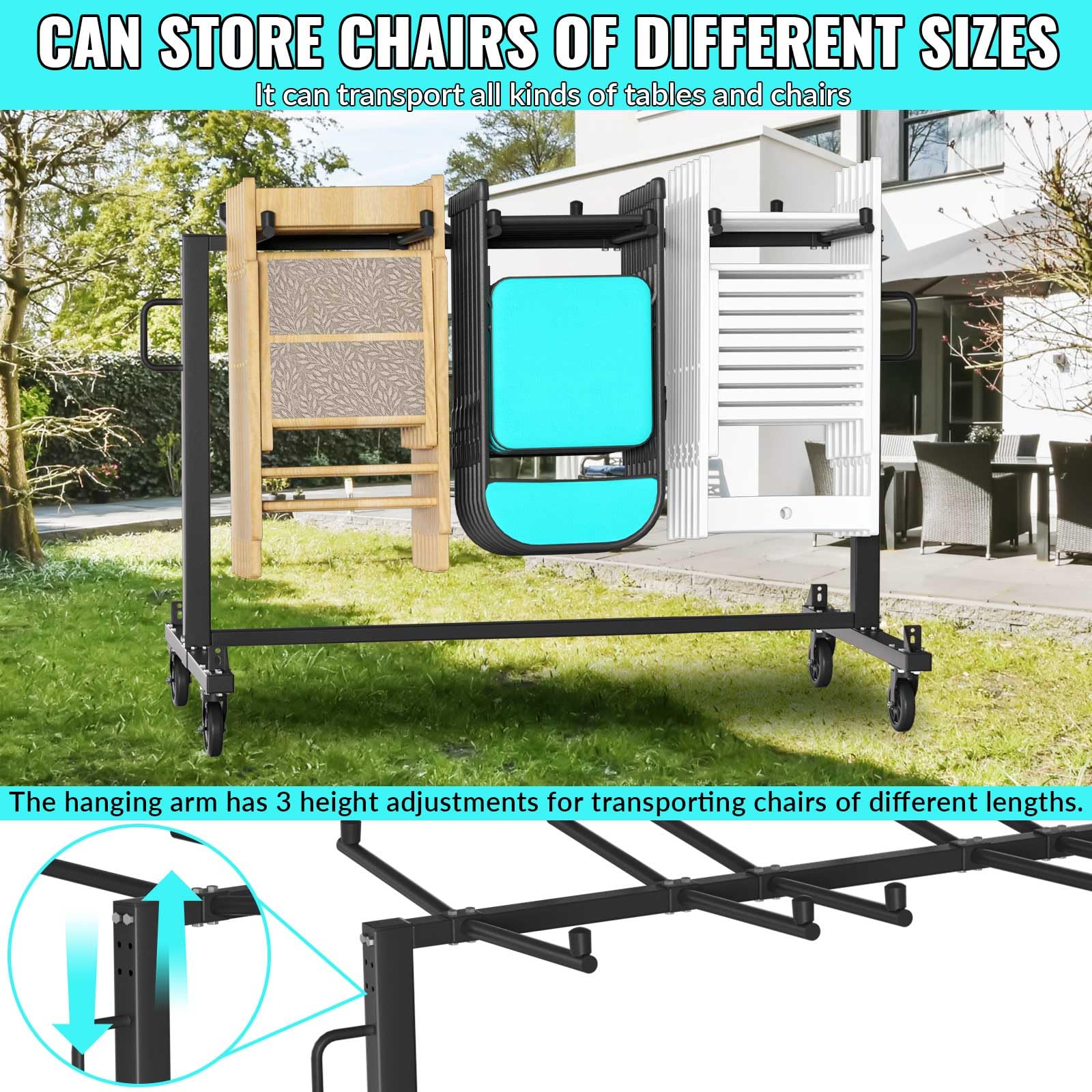 de almacenamiento plegable para sillas de alta resistencia con ruedas Capacidad para 42 sillas límite de peso de 453.6 kg plataforma de almacenamiento de metal con cubierta exterior y rue