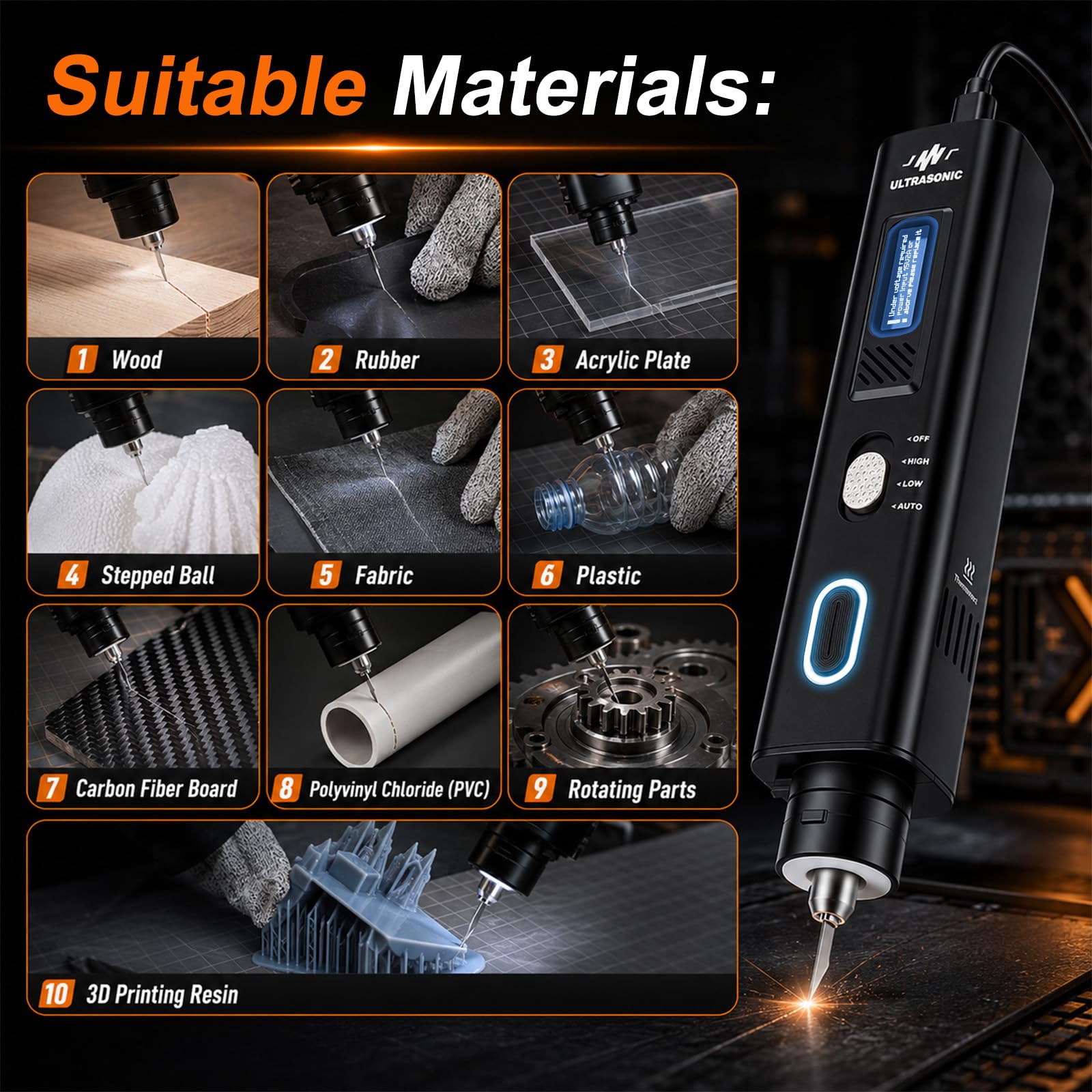 Cortadora Ultrasónica Portátil 40kHz con 50 Cuchillas, 35W Cuchillo Ultrasónico con Pantalla OLED & 4 Modos, Herramienta de Corte de Precisión para Impresión 3D, Madera, Plástico, Cuero