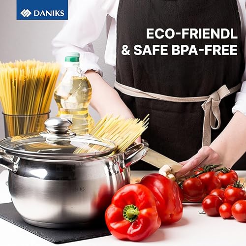 Miniatura 10 de Daniks Juego clásico de utensilios de cocina de acero inoxidable de 12 piezas con cacerola y sartén, tapas de vidrio, compatible con inducción, apto
