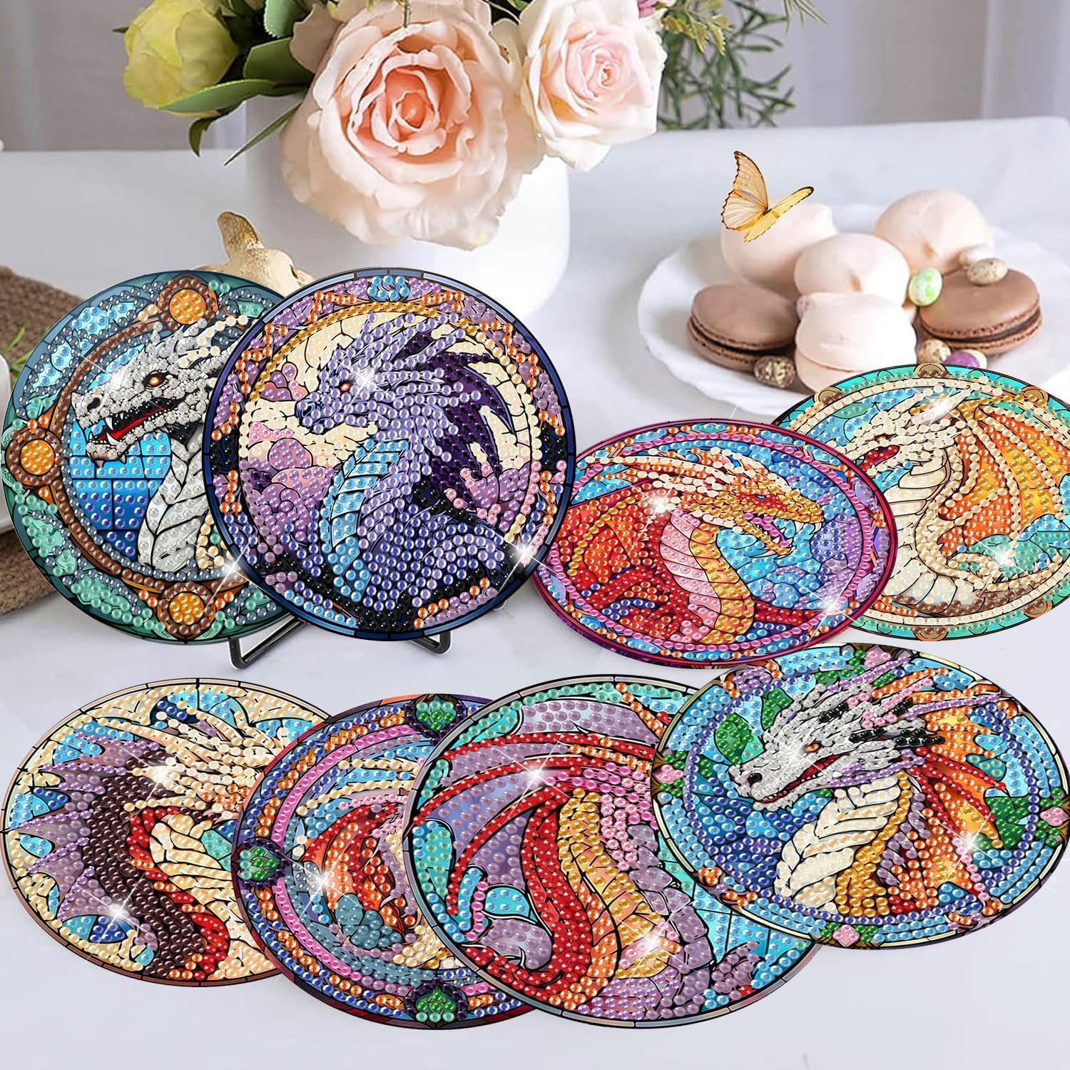8Pcs Diamond Painting Coasters with Holder,DIY Dragon Life Coaster Diamond Art Kits for Adults Kids,Beginners Round Full Drill Diamonds Art Craft Supplies - Image 3
