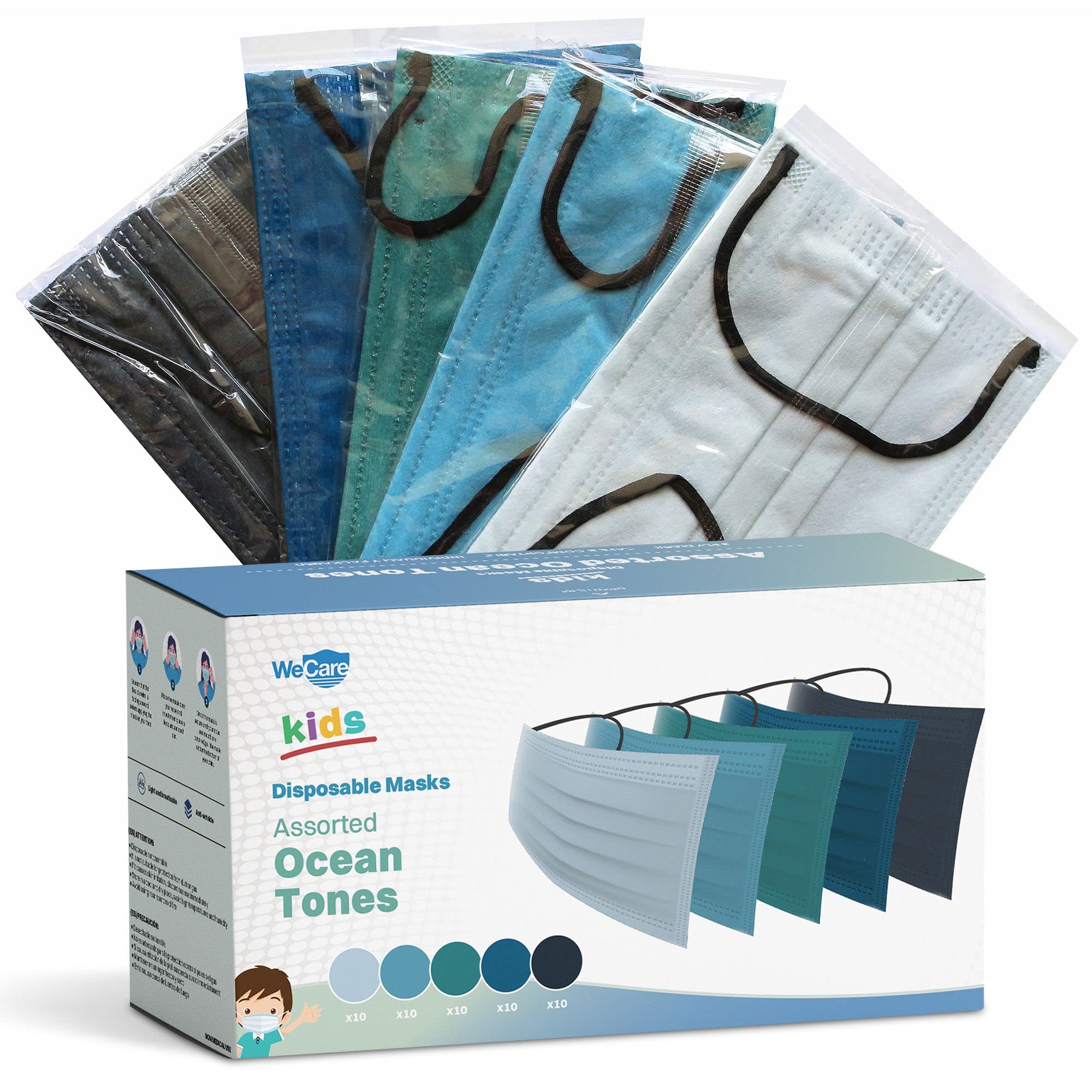 WeCare Disposable Face Masks For Kids, 50 Assorted Ocean Tone Solid Color Print Face Masks, Individually Wrapped