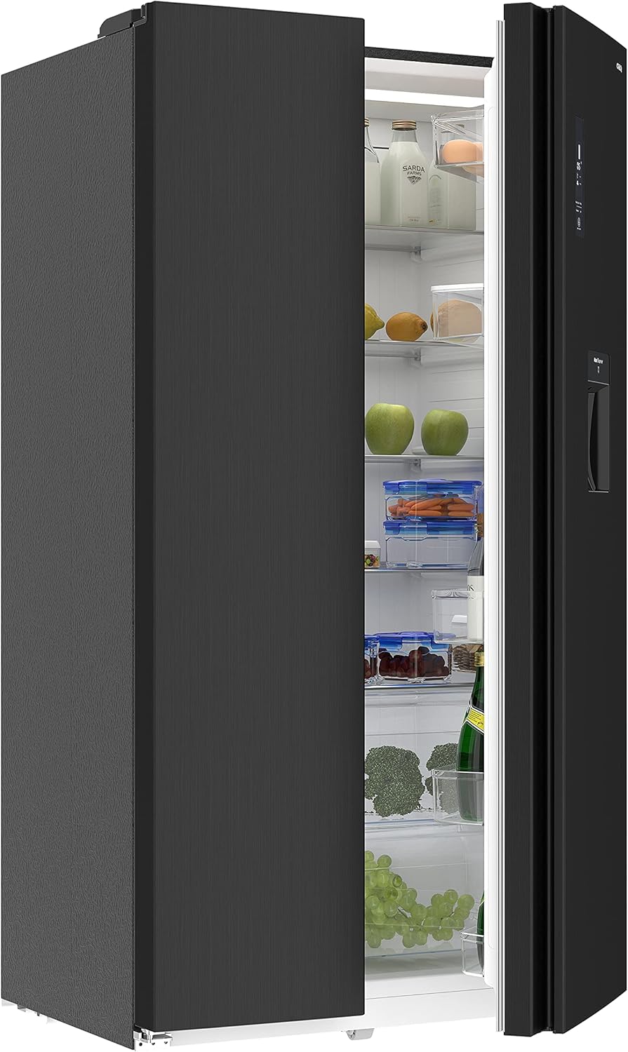 CHiQ Frigorifero Americano Side by side FSS559NEI42D 559 Litri, compressore inverter, Frigo ventilato e Congelatore No Frost, Inox scuro, Classe energetica E, Dispenser acqua da 5 litri [Classe di efficienza energetica E]