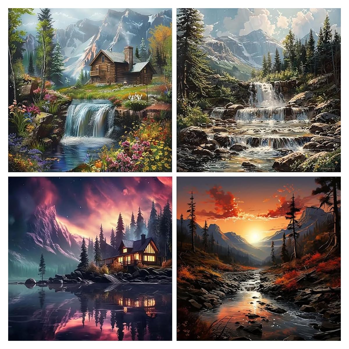 HASTHIP® 4pcs DIY Diamond Art Painting Kit 5D Diamond Art Painting Kit Hyper-Realistic Scenery Diamond Painting Wall Decor Beginners Diamond Art Painting Supplies DIY Home Gift, 11.8 x 11.8 Inch