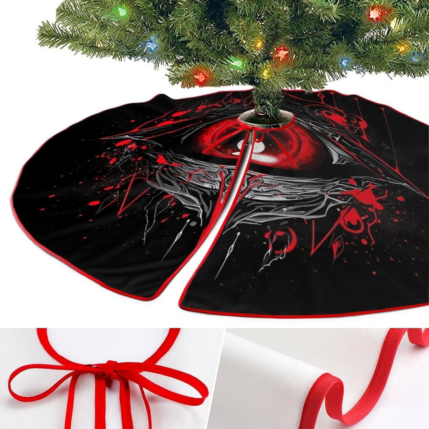Christmas Tree Skirt,for Xmas Tree Holiday Party Decorations Eye of Hell Printed Christmas Tree Mat Red Lace-up Christmas Tree Dress