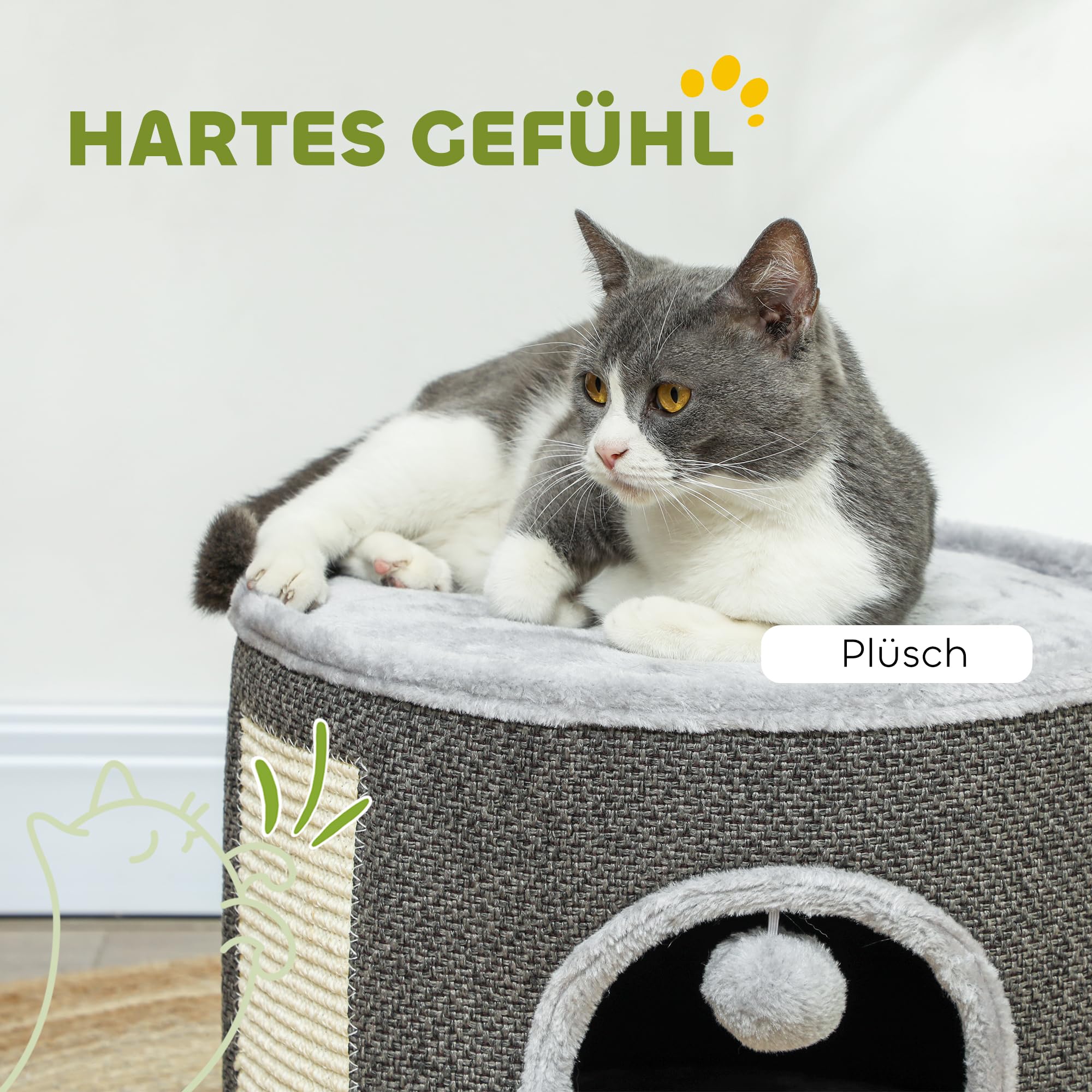 PawHut Tazzone tiragraffi alto 30 cm con grotta albero tiragraffi in sisal per gatti fino a 5 kg, bianco crema