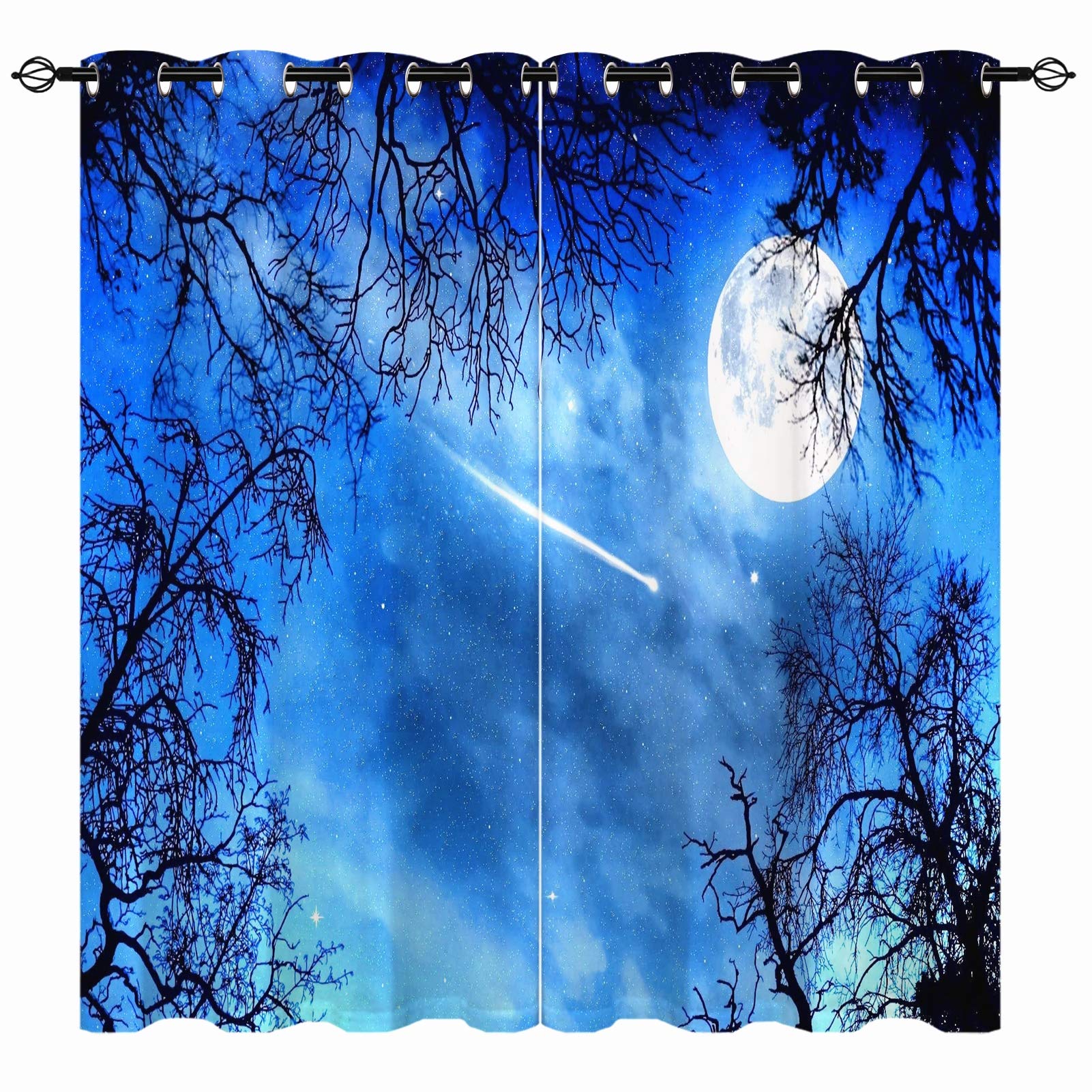 YUANZU Stars Moon Curtains - Summer Night Meteor Across The Starry Sky Tree Landscape Pattern Eyelet Thermal & Room Darkening Blackout Window Drapes for Bedroom Living Room 2 Panels W75cm x D166cm