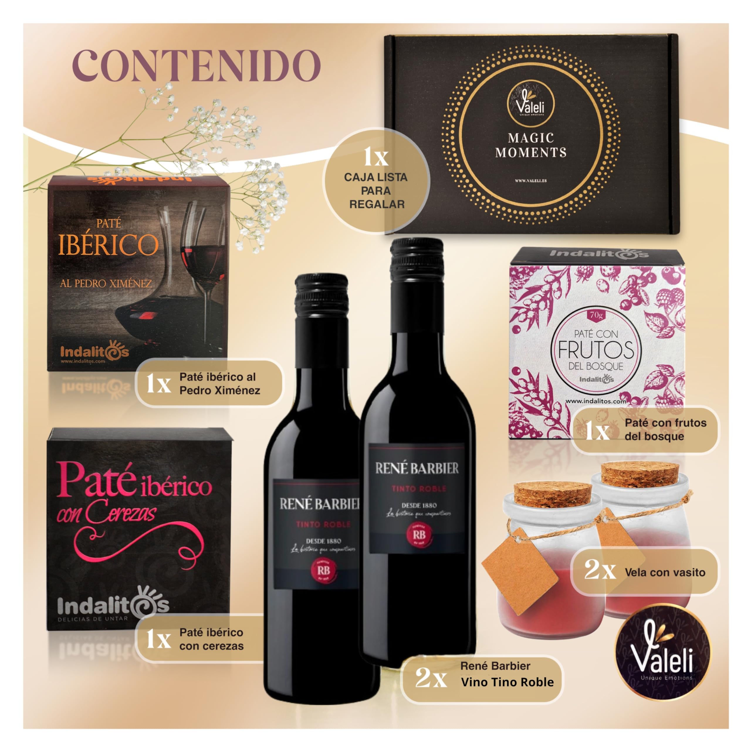 VALELI Cesta Gourmet para Regalar con Patés Ibéricos, 2 Botellas de Vino 25cl y 2 Velas Decorativas