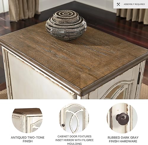 Miniatura 4 de Signature Design by Ashley Realyn Farmhouse - Mesa auxiliar con gabinete para almacenamiento, color blanco antiguo y marrón