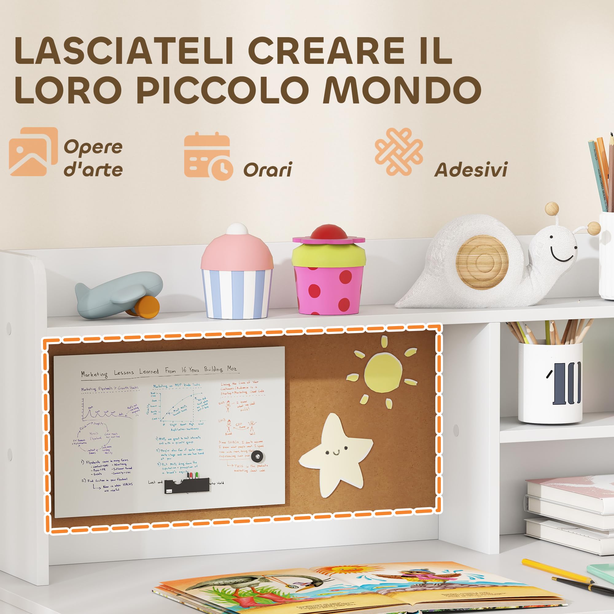 AIYAPLAY Set Scrivania e Sedia per Bambini con Ripiani, Armadietto, Cassetto e Bacheca, Set Tavolo e Sedia per Bambini 3-12 Anni, Banco Scuola per Ragazzi in Legno per Cameretta, Sala Studio, Bianco