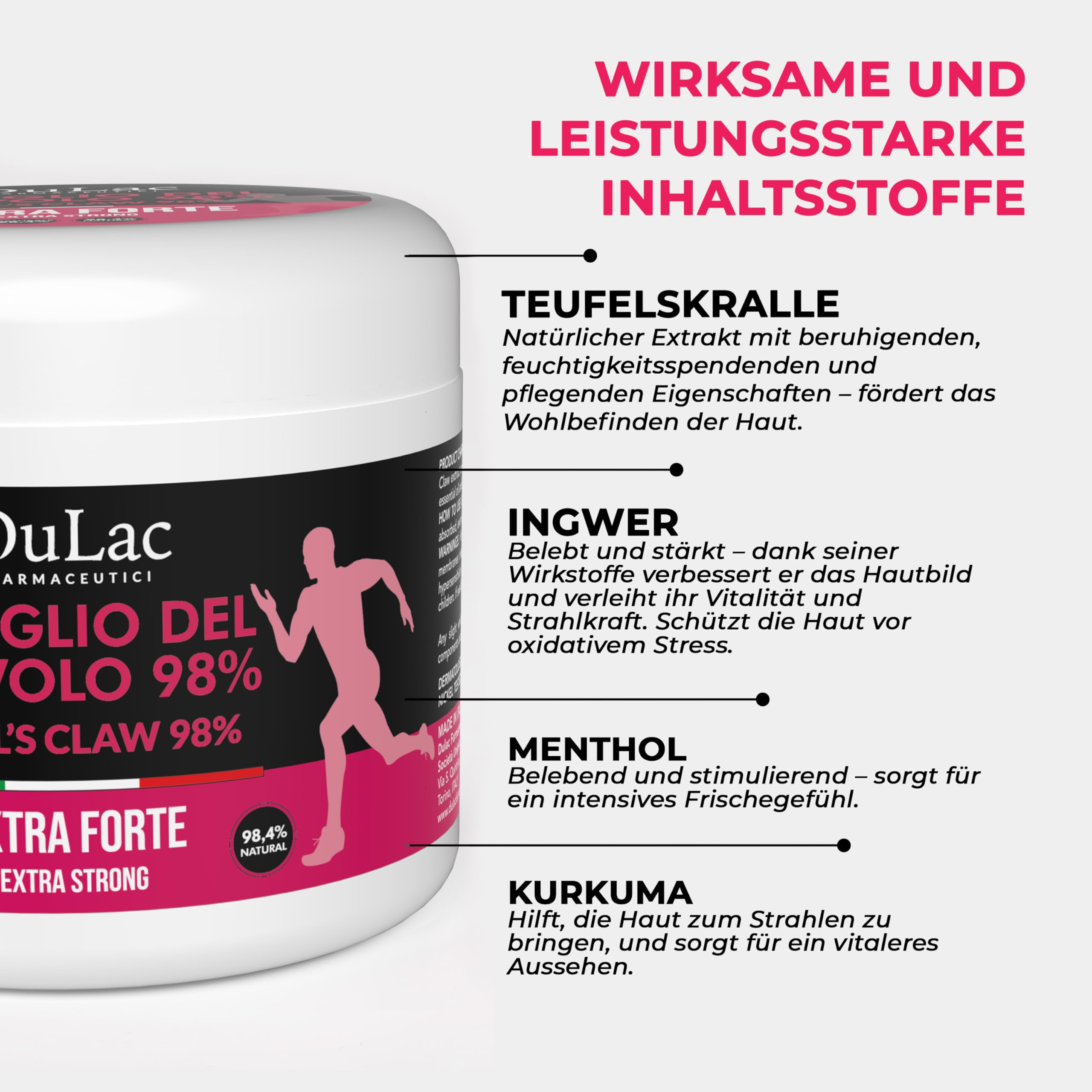 DuLàc, Teufelskralle 98% 500 ml, Körpercreme-Gel mit Ingwer, Menthol und Kurkuma, zur Massage von Muskeln und Gelenken, Dermatologisch Getestet, Nickelgetestet, Made in Italy