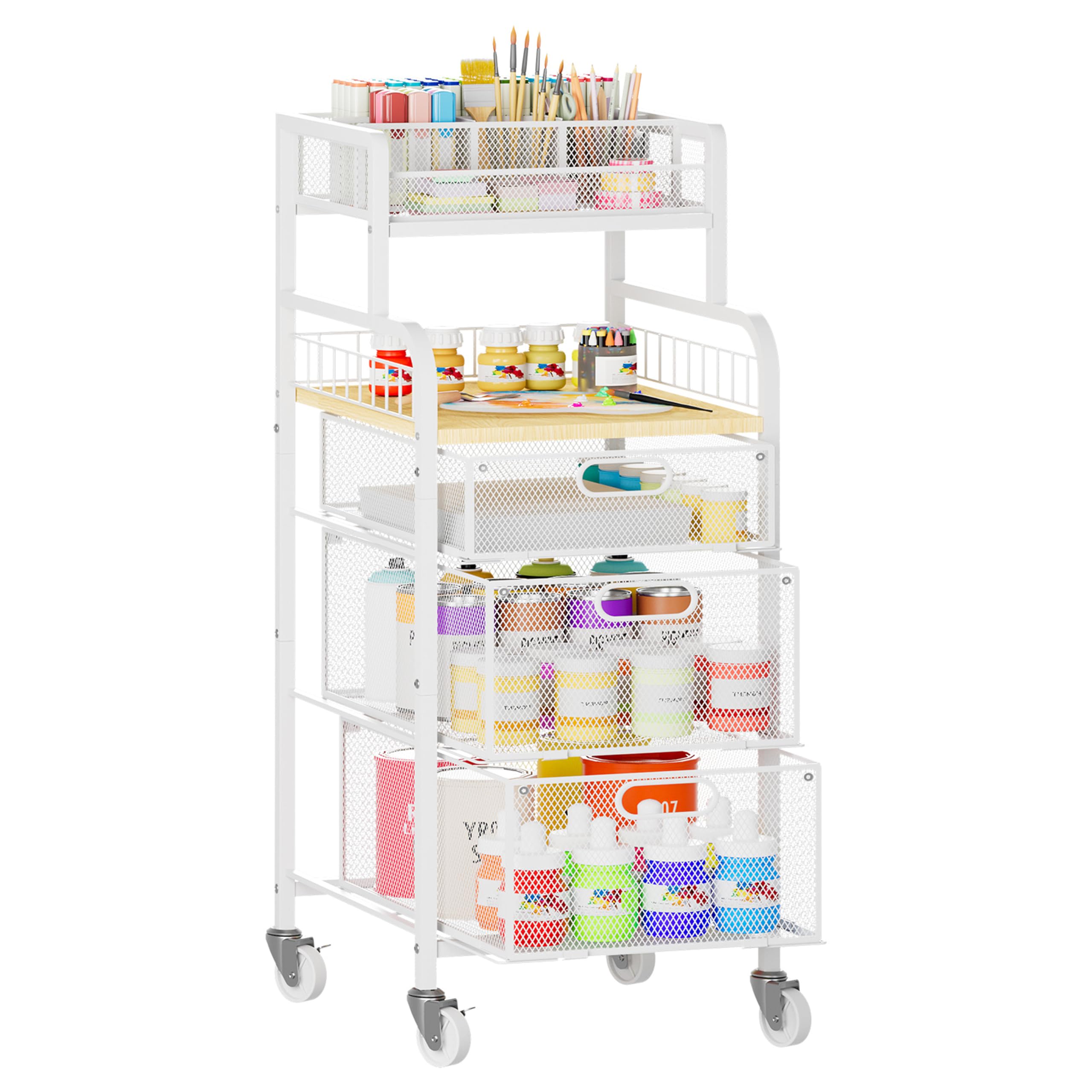 Photo 1 of SWTYMIKI Rolling Cart with Drawers - Metal Craft Cart with Wheels, DIY Divider and Wood Shelf, Art Supply Organizer Craft Organizer and Storage, Utility Storage Cart for Home Office Studio, White
