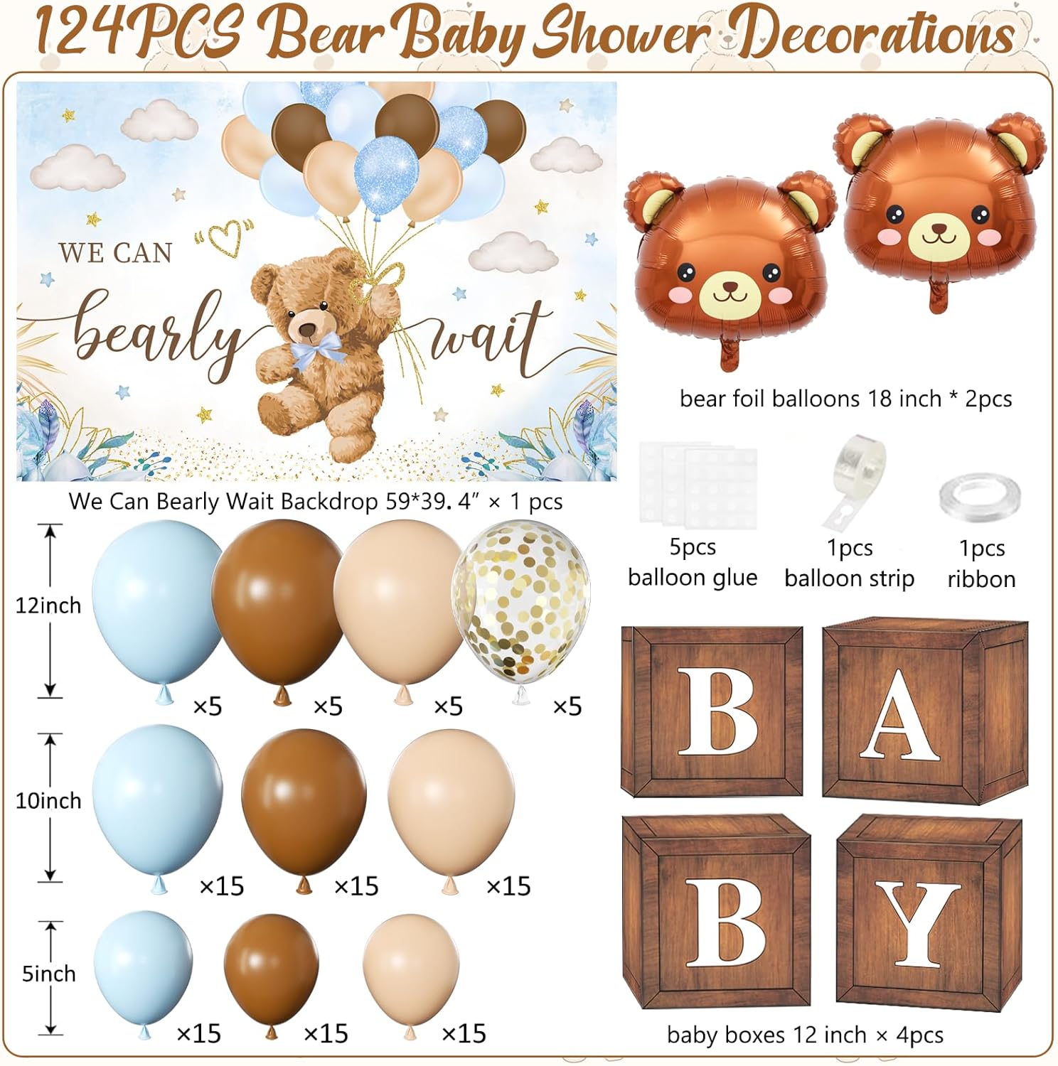 Blue Bear Baby Shower Decorations for Boy, 124pcs Bear Party Decorations with Blue and Brown Balloon Arch Kit, Backdrop, Wood Grain Baby Boxes for Boy Baby Shower Decor