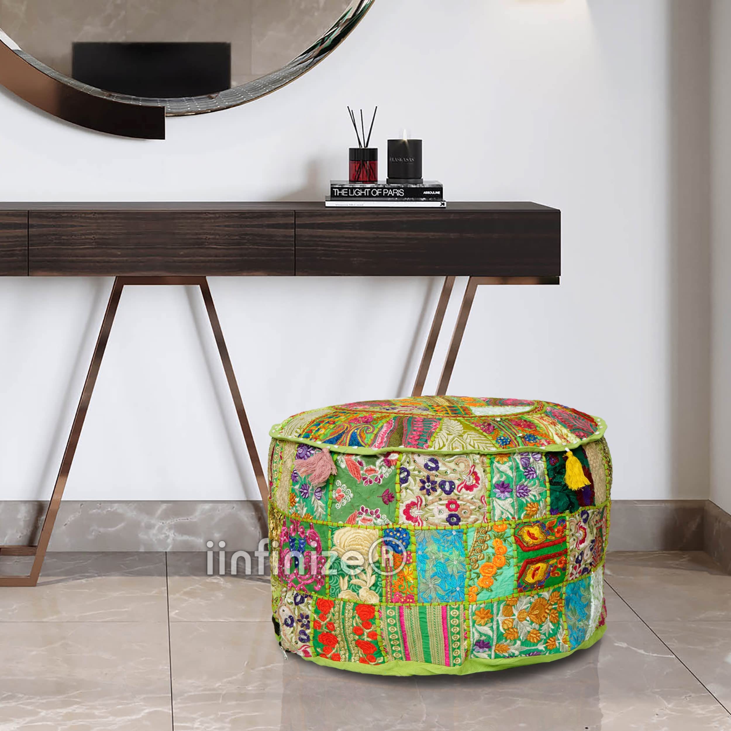 Decorative Floor Ottoman Pouf Cover Round Patchwork Embroidered Pouffe Ottoman Cover Cotton Floral Traditional Furniture Footstool Seat Puff Cover (18x18x13 Inch)-image-34