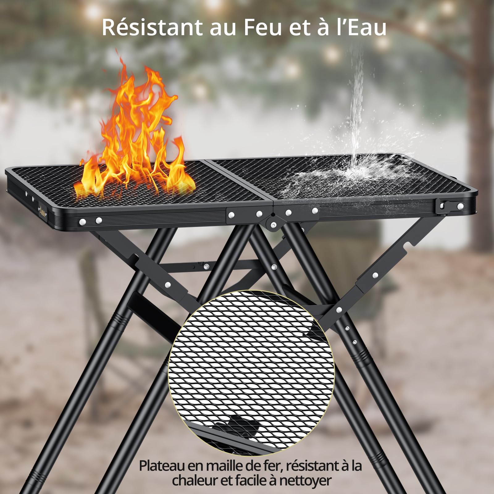 Anbte Table de Camping Pliable avec Hauteur Réglable, Supporte 82 kg, Ultra-Légère et Portable, Plateau Résistant à la Chaleur, Parfaite pour Jardin BBQ et Pique-Nique, 60x40cm