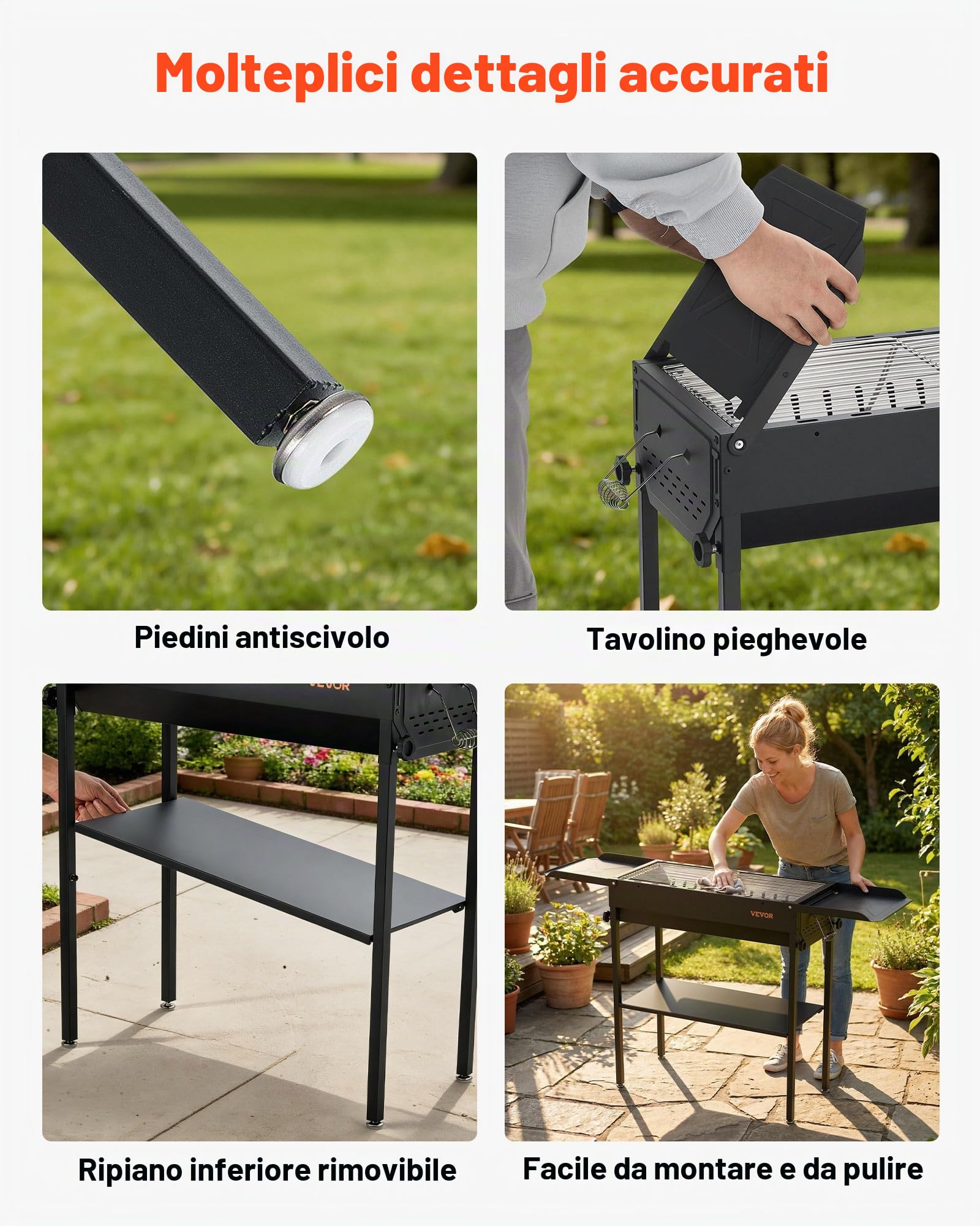 VEVOR Griglia per Barbecue a Carbonella Pieghevole, Barbecue Portatile Altezza Regolabile con Ripiani Laterali per Spezie Salsa, Griglia a Carbone BBQ da Campeggio Picnic Feste da Esterno Giardino