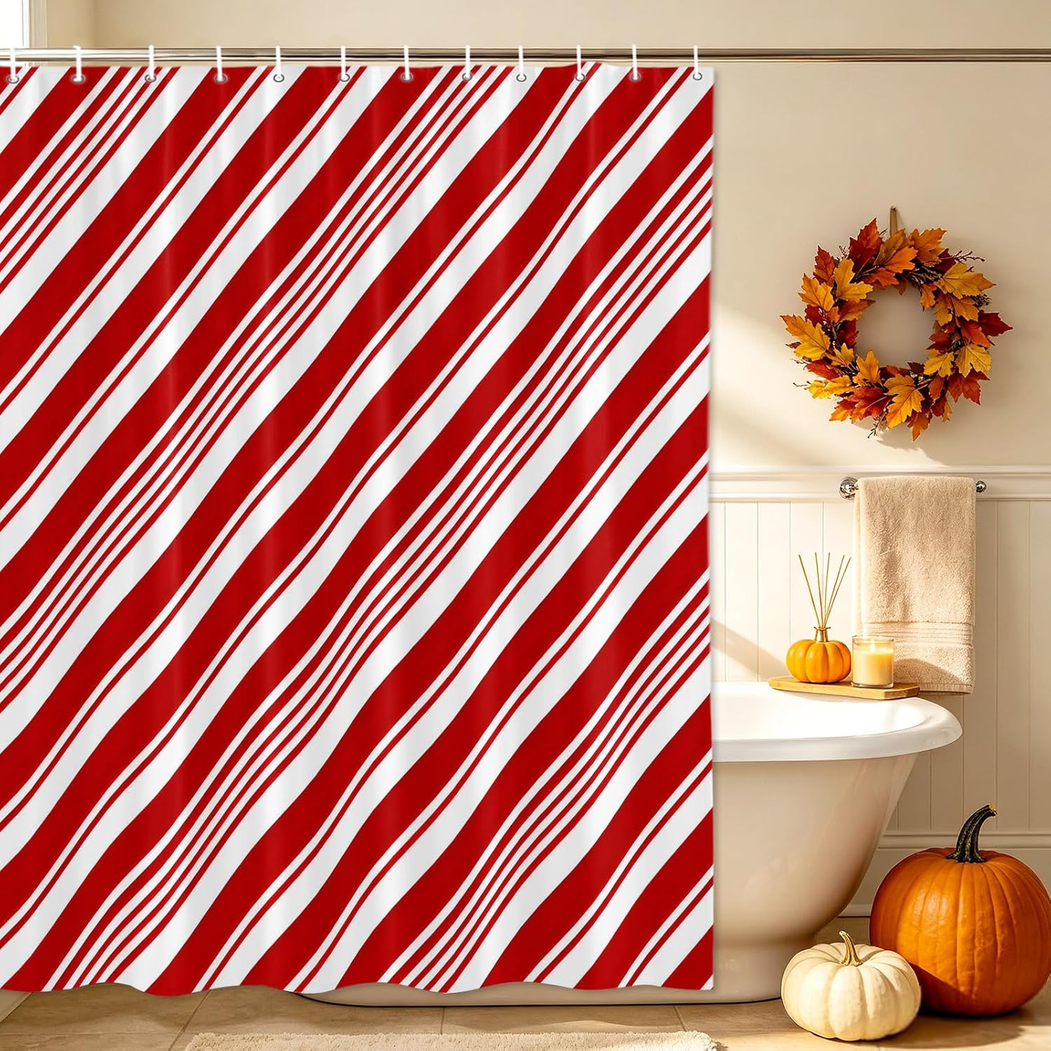 Red White Diagonal Stripe Shower Curtain, Christmas Candy Cane Parallel Line Washable Shower Curtain with Hooks Bath Decor Seasonal Shower Curtains for Bathroom, Hotel, Stalls, Bathtubs, 36x72 Inch