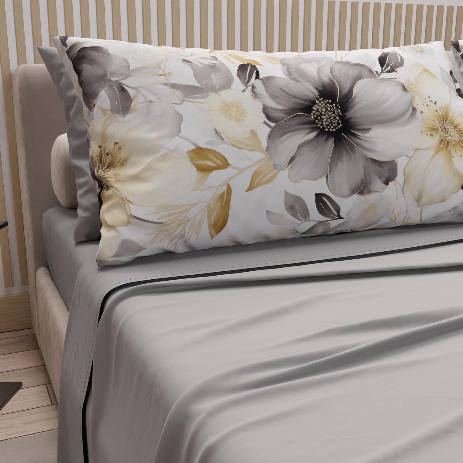 PETTI Artigiani Italiani - Lenzuola in Cotone con Federe in Stampa Digitale, Lenzuolo Una Piazza e Mezza, Completo Letto Fantasia Floreale 28 Grigio Chiaro, 100% Made in Italy
