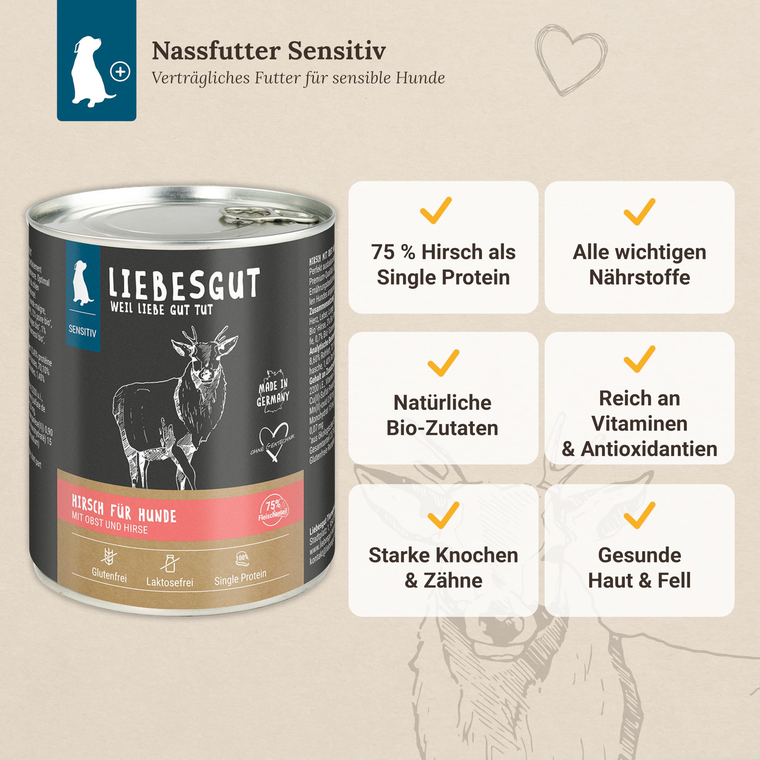 Bio Hundefutter Nass Hirsch mit Obst und Hirse, extra viel Fleisch, 6x800g, produziert in Bayern