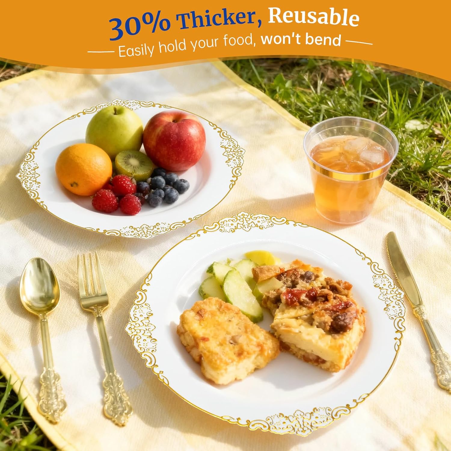 AIRE 175PCS Gold Plastic Plates for Party Supplies Dinnerware Sets for 25 Guests, Vintage Disposable Plastic Party Plates Cups Spoons Forks Knives Napkins for Wedding Birthday Christmas BBQ Parties - Image 5