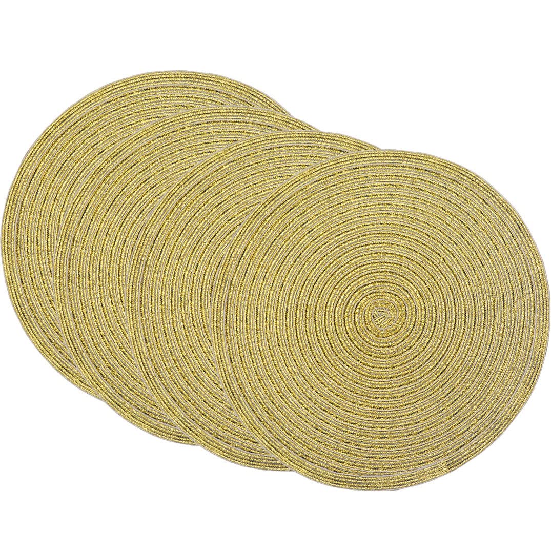 SCF2017 Round Woven Glitter Plastic Placemats 30cm Hollow Table Mats,Set of 4,Gold