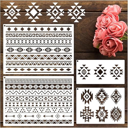 Miniatura 1 de yhslmh Plantillas geométricas tribales para pintar en pared de muebles de madera, lienzo reutilizable, plantilla azteca para manualidades, niños,