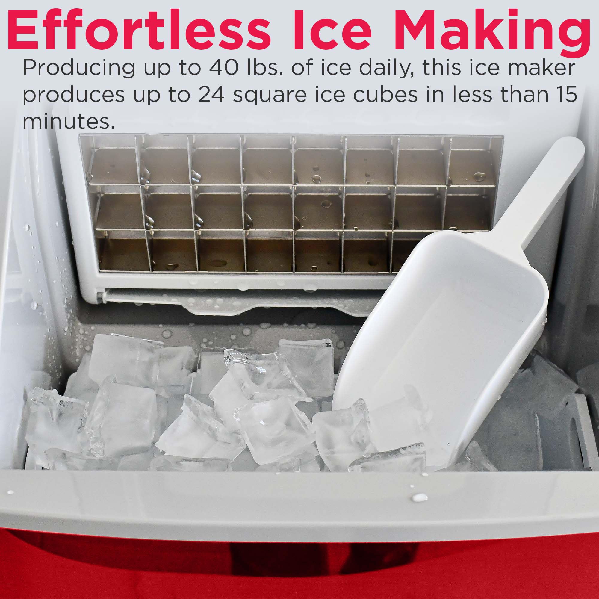 Frigidaire Efic452-Ssred Xl Maker, Makes 40 Lbs. Of Clear Square Ice Cubes A Day, Stainless, Red Steel on Fridge.com - View 6