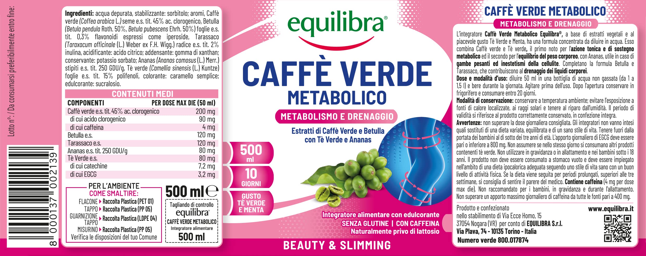 equilibra Integratori Alimentari, Caffè Verde Metabolico, Integratore per l'Equilibrio del Peso Corporeo, con Tè Verde, Ananas, Betulla, Tarassaco e Caffè Verde, 500 ml