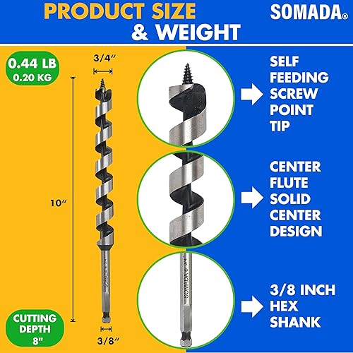 Vista 98 de SOMADA Broca de taladro de 3/4 pulgadas x 17 pulgadas para madera, vástago hexagonal de 3/8 pulgadas, una pieza, broca larga para madera blanda