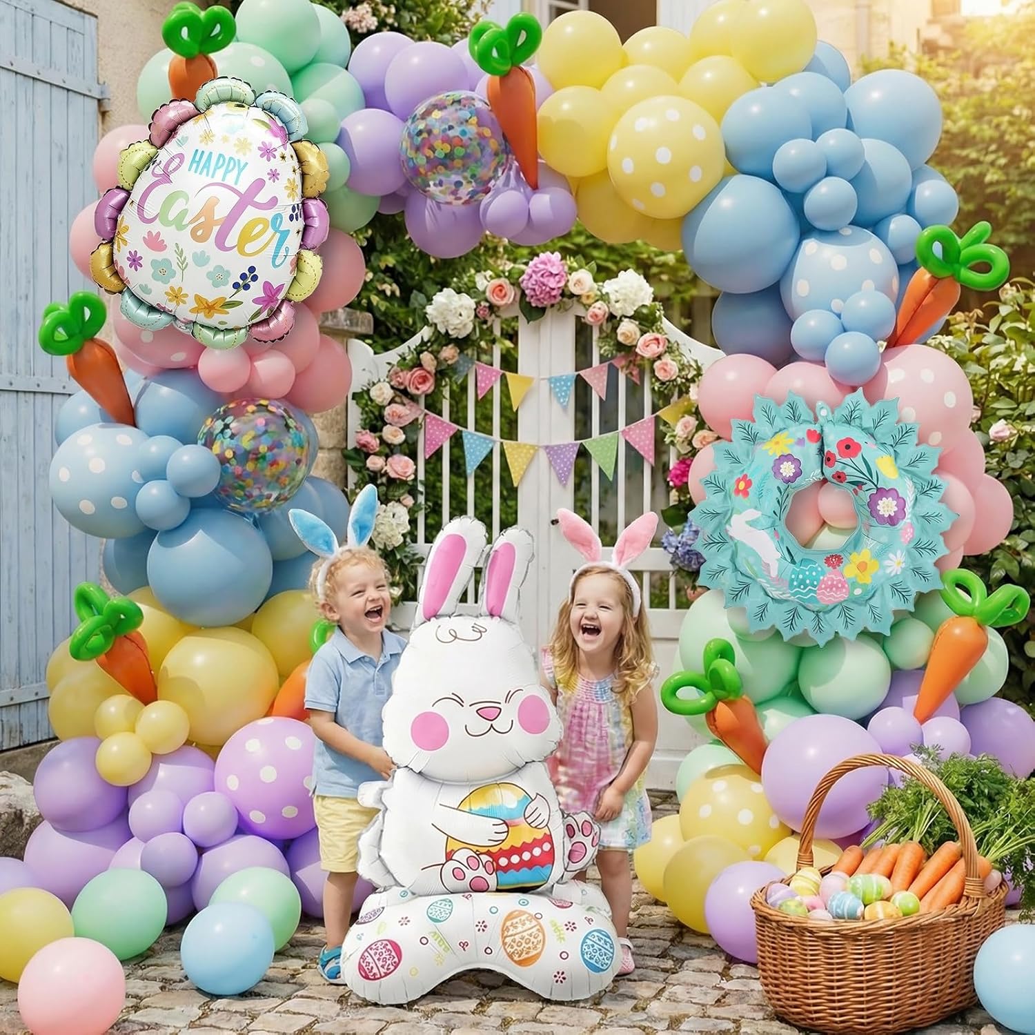Bonropin Easter Balloon Garland Arch Kit with Pastel Happy Easter Balloons and Bunny, Carrot, Resurrection eggs, Easter wreaths Foil Balloons for Baby Shower Party, Spring Birthday, Easter Decorations
