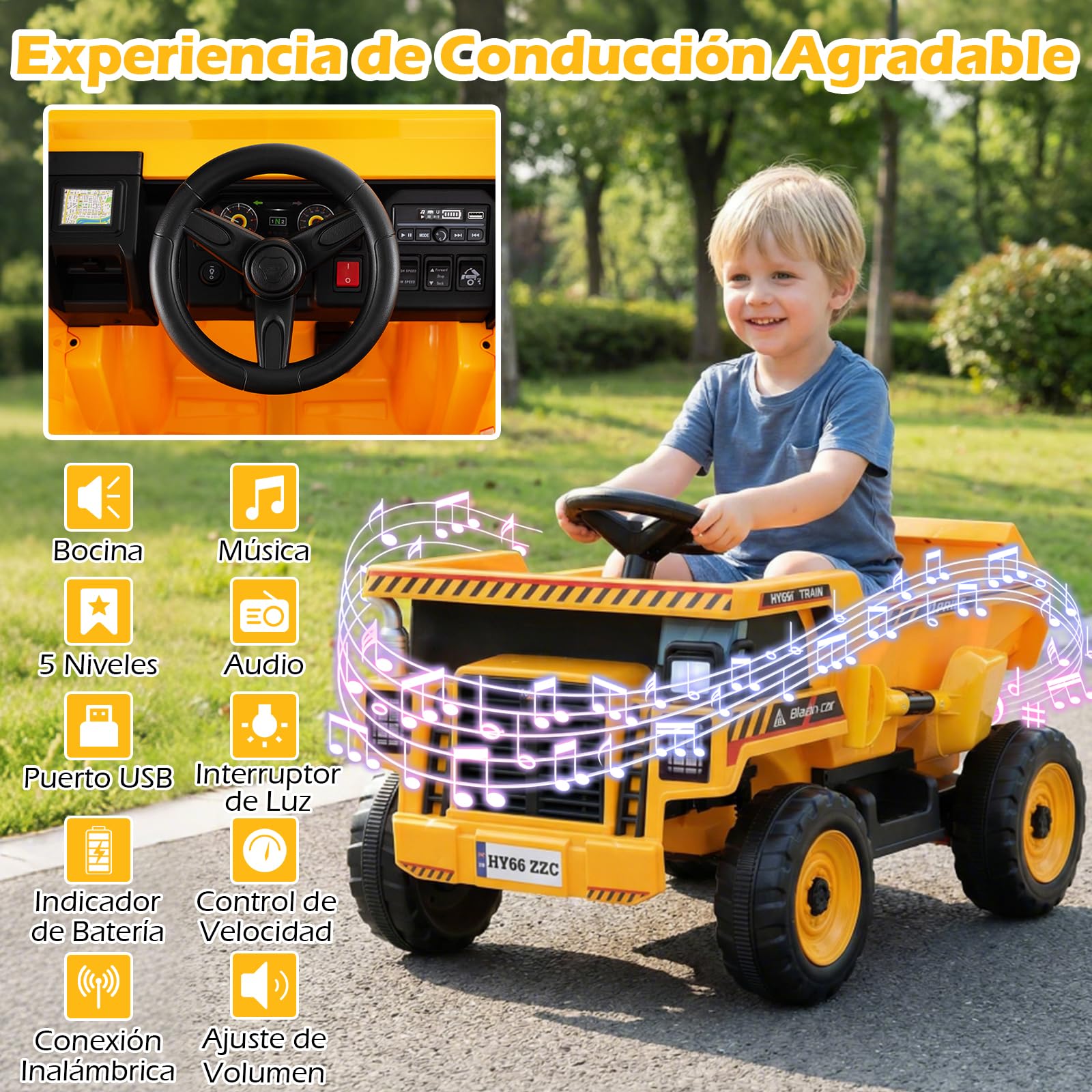 GOPLUS 24 V Coche Eléctrico para Niños, Coche de Paseo Infantil con Remolque, Pala, Bocina, Música, Historia, USB y Conexión Inalámbrica, Coche de Juguete con Mando a Distancia para Niños de 3+ Años