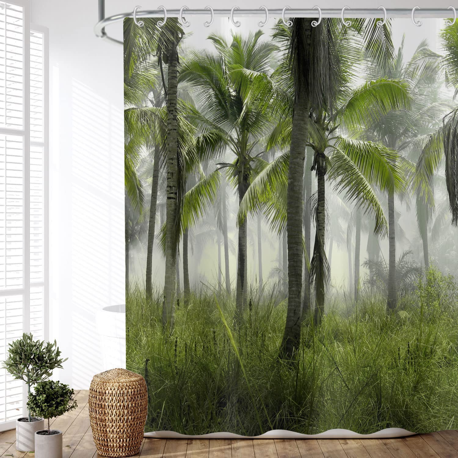 ASDCXZ Shower Curtain Forest 165x180 cm, Natural Landscape Green Palm Misty Forest Motif Waterproof Textile Bath Shower Curtains Washable Polyester Fabric Shower Curtain for Bathtub with 12 Hooks — image 1