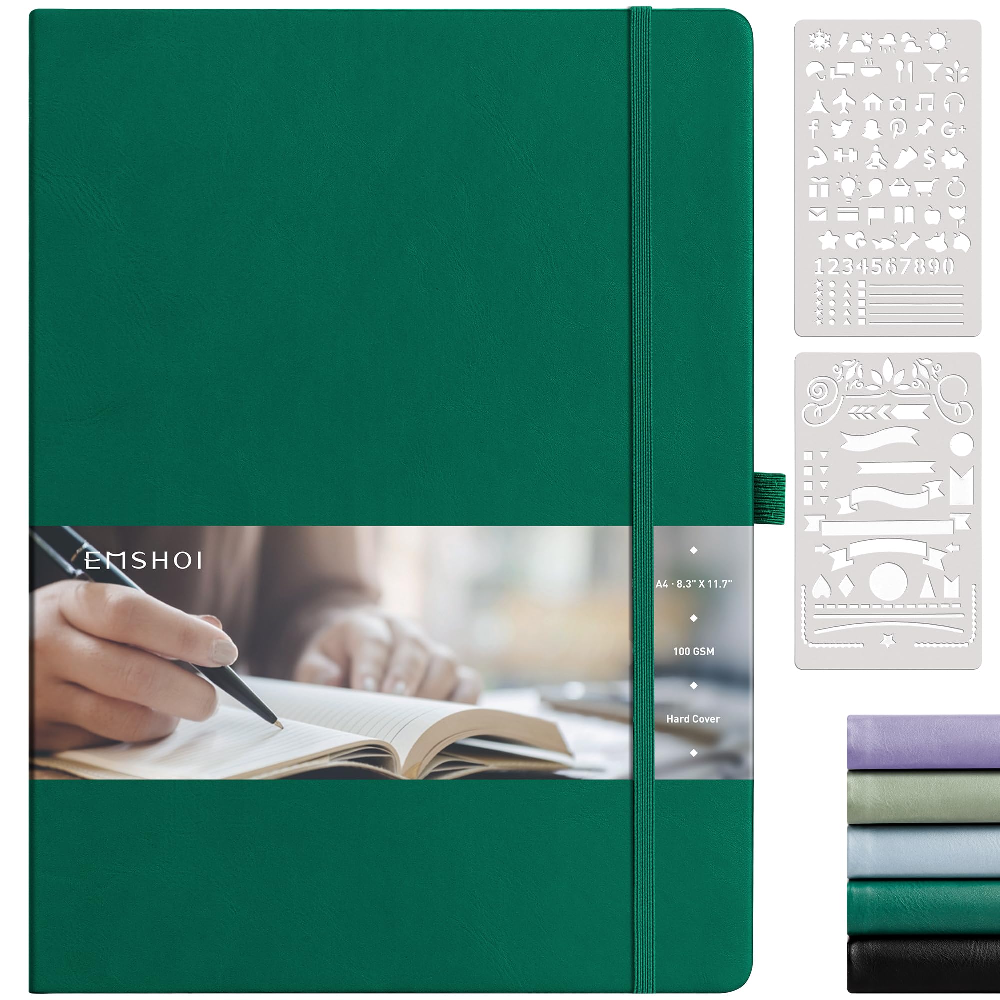 EMSHOI Dotted Journal, 8.5" x 11" Hardcover Leather Journal for Women Men, 192 Pages 100 GSM Dot Grid Notebook, Dotted Notebook for Work, A4 Large Journals for Writing, Bullet Journaling, Dark Green