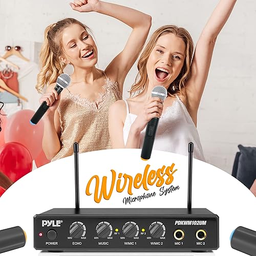 Miniatura 4 de Pyle PDKWM102UM - Sistema de micrófono inalámbrico de karaoke - Receptor de sonido portátil con ajuste de micrófono doble, dos micrófonos de mano,
