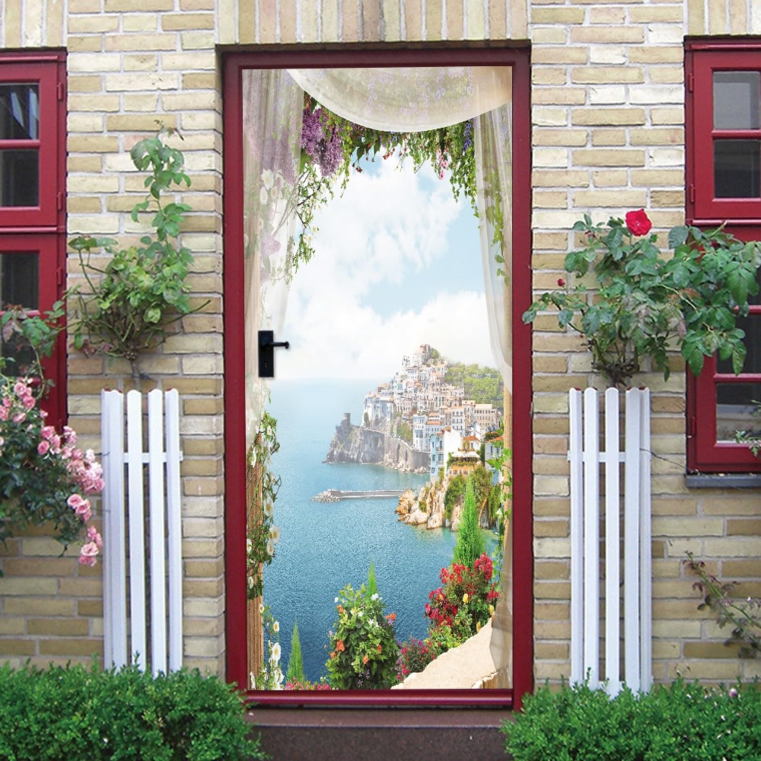 Trompe l'oeil Adesivi per Porte Finestra vista mare Autoadesiva Impermeabile,Vinile PVC, Carta da parati per pareti e porte poster per la camera da letto e il soggiorno 77 x 200 cm