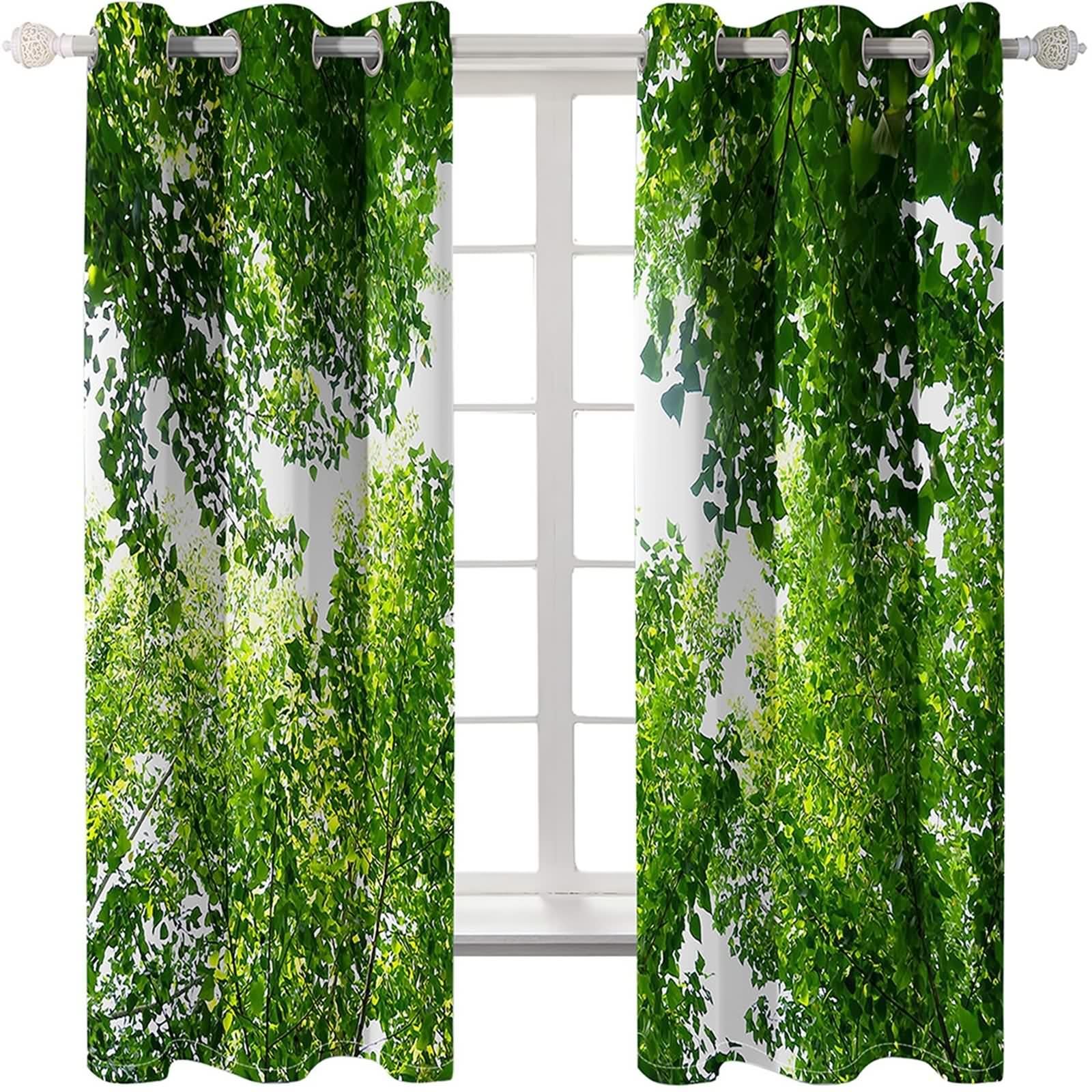Rideau Anniversaire, Rideau Stof Polyester Vert Arbre Décoration Chambre Salon 132L x 244H CM Lot de 2