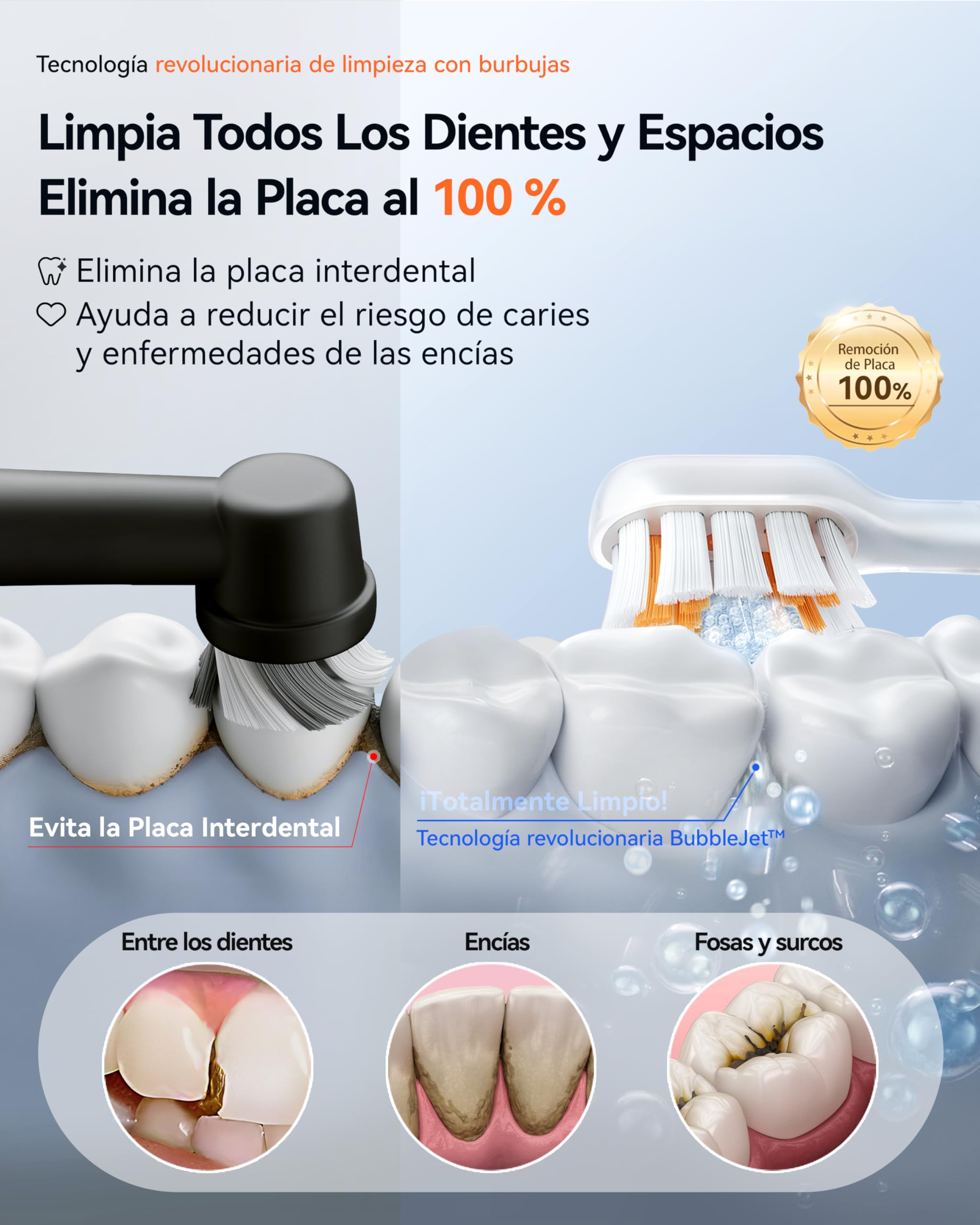 RANVOO AirJet [Max Jet Clean] [Vibrador y hilo dental 2 en 1] Cepillo de dientes eléctrico Bubble Sonic, eliminación de placa, blanco para el cuidado de las encías de adultos, regalo recargable con 2