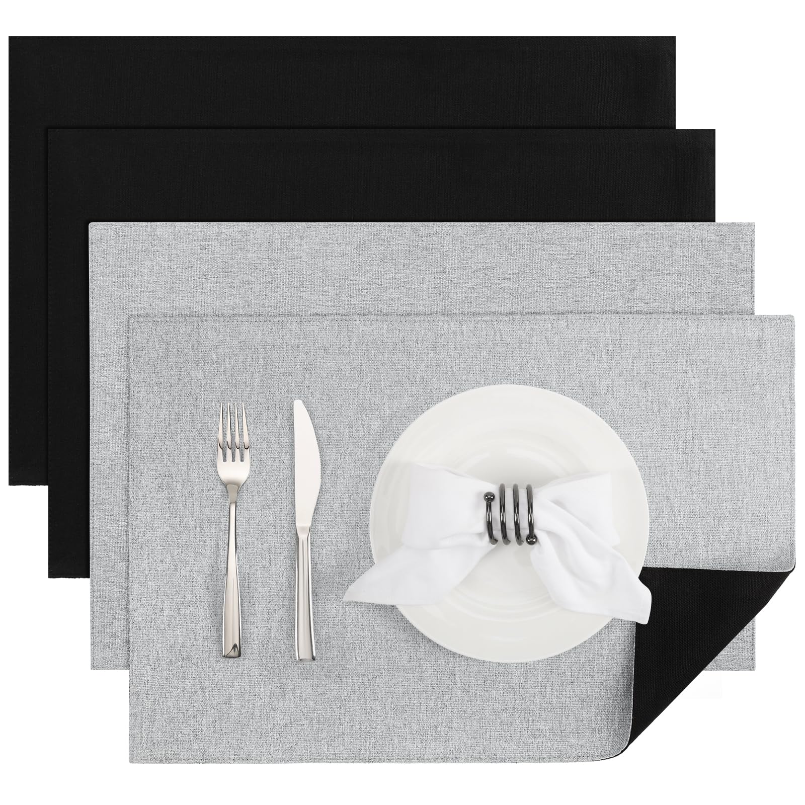 Banchif Platzsets Leinenimitat Tischsets Abwaschbar Tischsets Doppelseitigen Platzsets Stoff Platzdecken maschinenwaschbar 30 x 45 cm (HellGrau-Schwarz, Rechteckig Satz von 4)