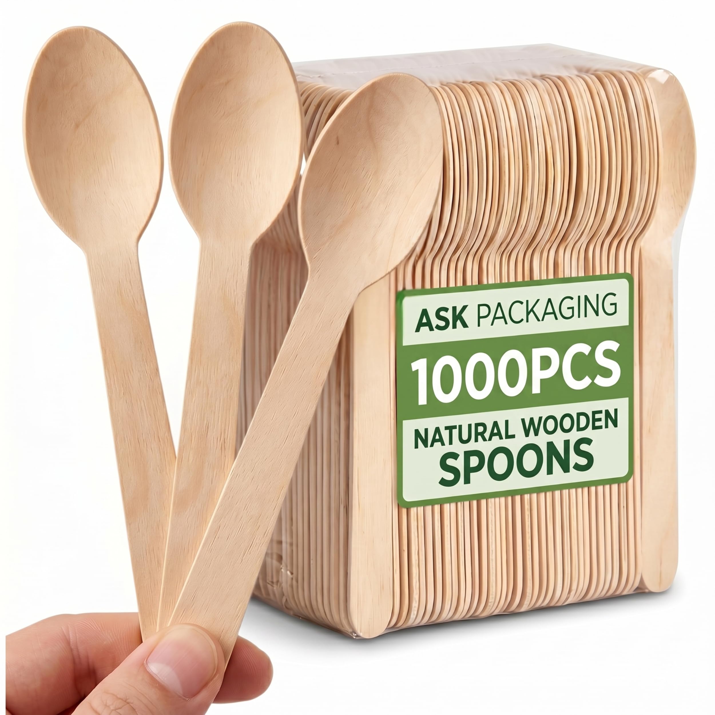 Ask Packaging 1000 Disposable Wooden Spoons 16cm Birchwood Cutlery – Biodegradable, Splinter-Free, BPA-Free Eco Spoons for Office, Parties, BBQ, Camping, Dessert, Coffee & Kids