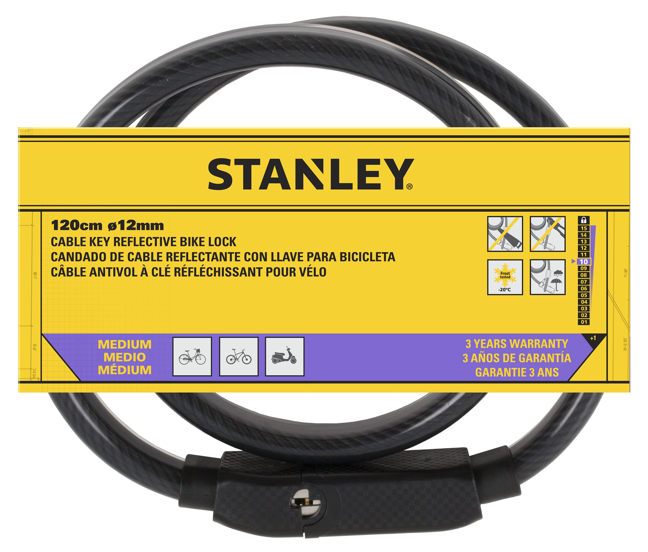 STANLEY Reflective Key Cable Fahrradschloss 12mm x 1200mm, 3 Schlüssel, S741-161, Kabelschloss reflektierend mit Schlüssel Sport & 