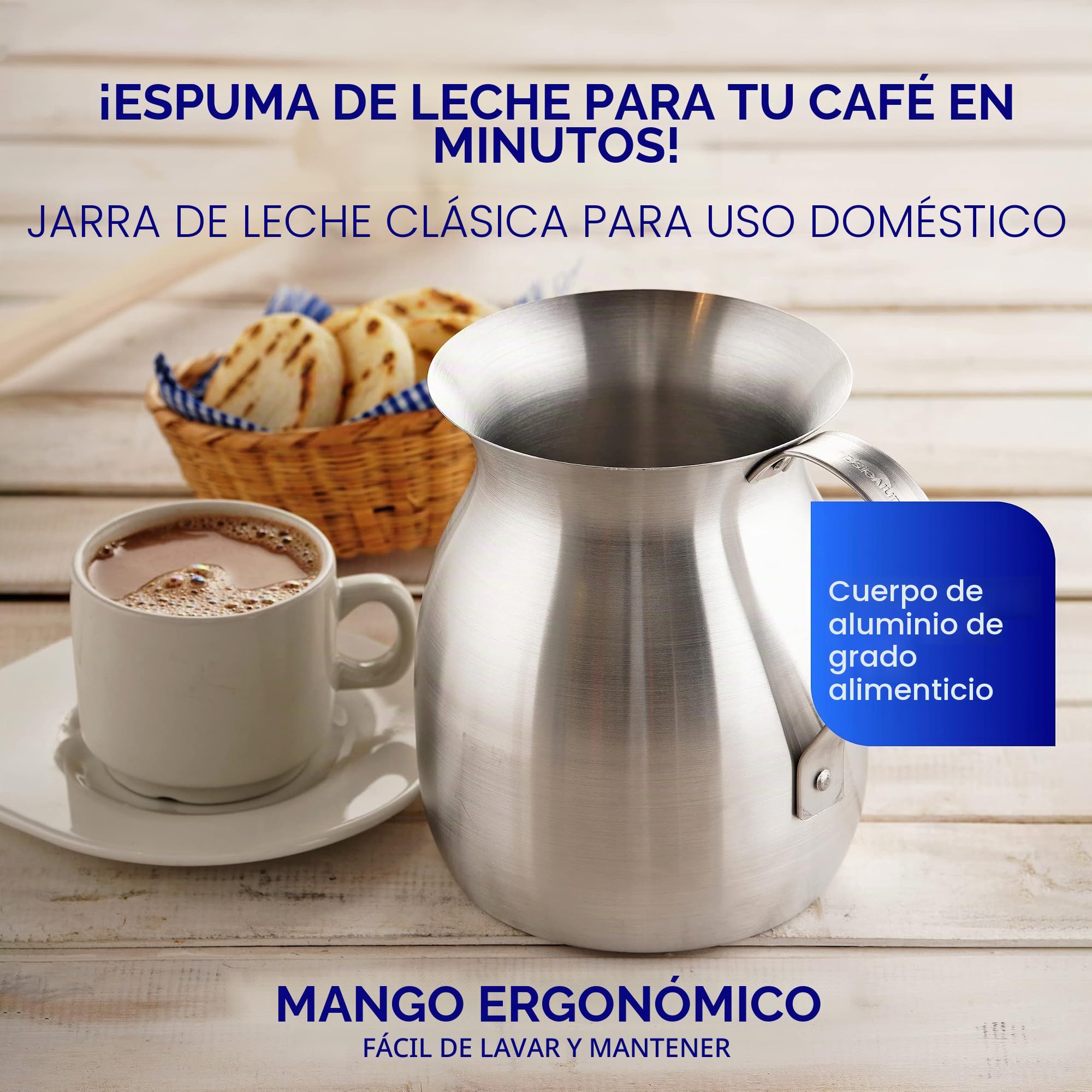 Universal Chocolatera de 2.1 cuartos de galón/2L - Máquina de chocolate caliente de aluminio y jarra para espumar - Oleta Colombiana tradicional para café, leche y bebidas - Olla duradera, resistente