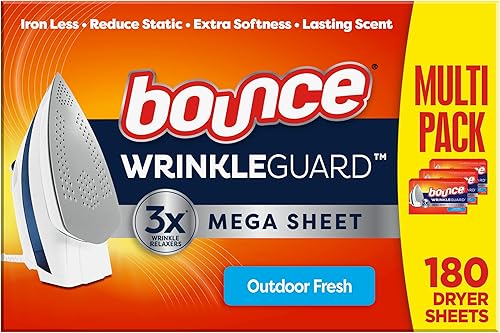 Bounce WrinkleGuard - Hojas para secadora mega, 180 unidades, hojas suavizantes de tela antiarrugas con aroma fresco al aire libre