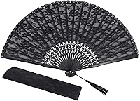 Vista 1 de choyaxo Lace Handheld Chinese Folding Fan Bamboo Silk Folding Fan for Women Wedding Decoration Dancing Party, Black Negro