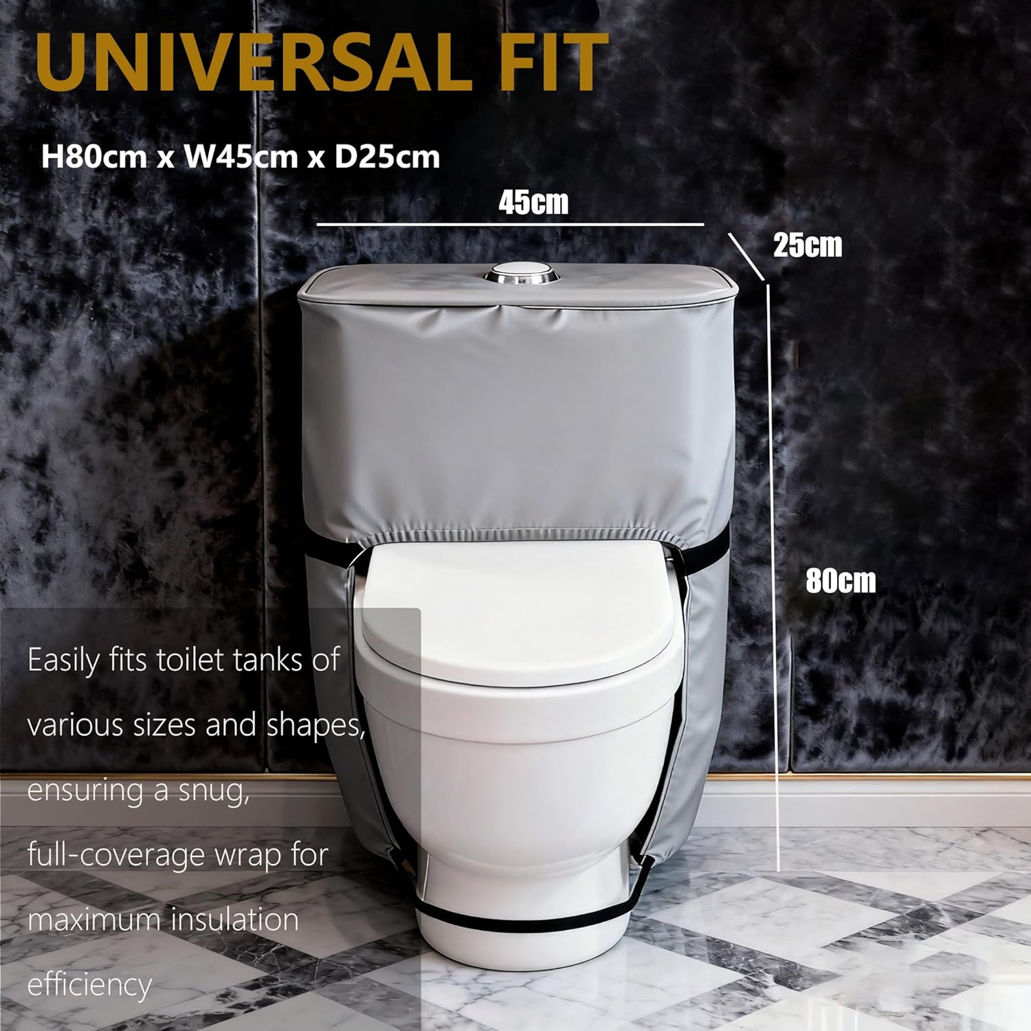 Toilet Tank Insulation Cover, 420D Oxford Fabric & 5mm Aluminum Foil Layer Anti Freeze Liner, Insulated Toilet Tank Insulation Kit with Hook and Loop Flap and Bottom Anchor Straps (Universal Fit)