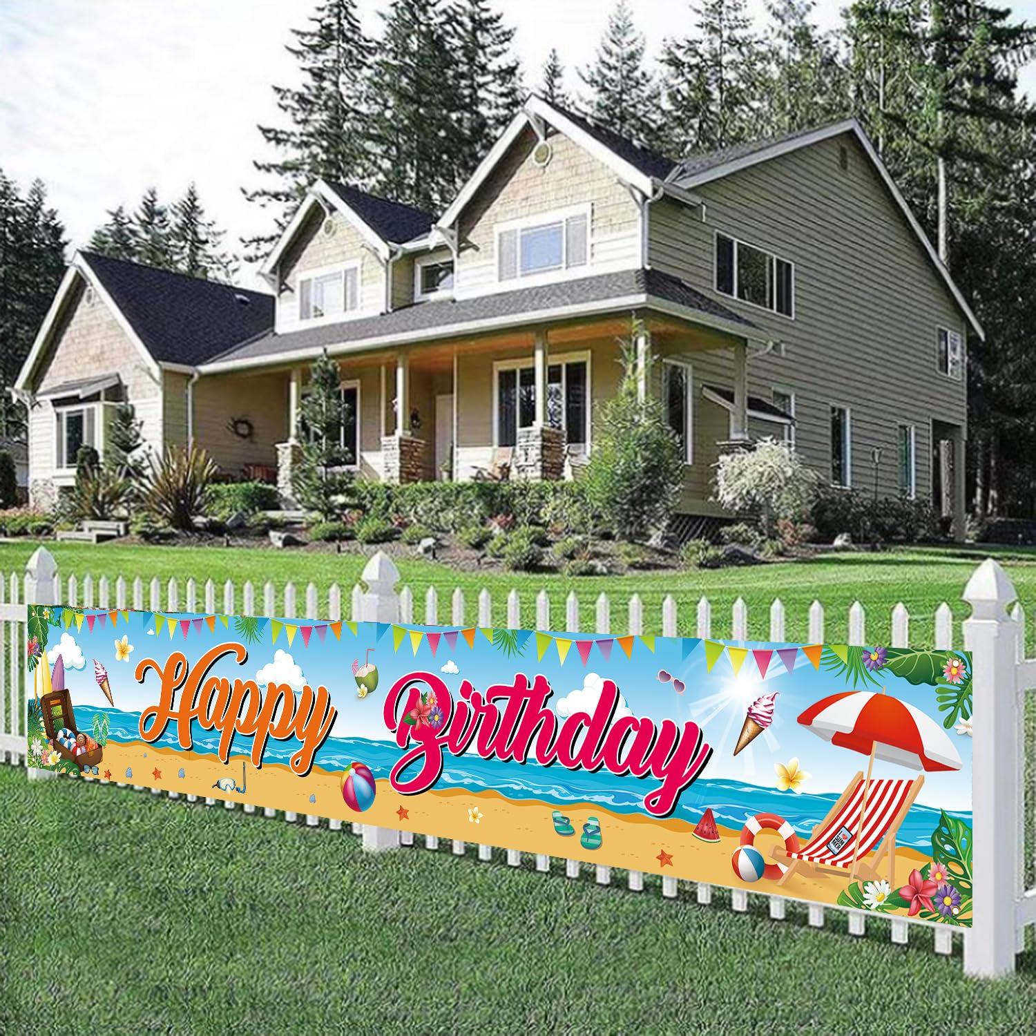 Pancarta de cumpleaños de verano, pancarta de feliz cumpleaños con temática de playa, decoración grande de fiesta de cumpleaños de playa, 118 x 20 pulgadas