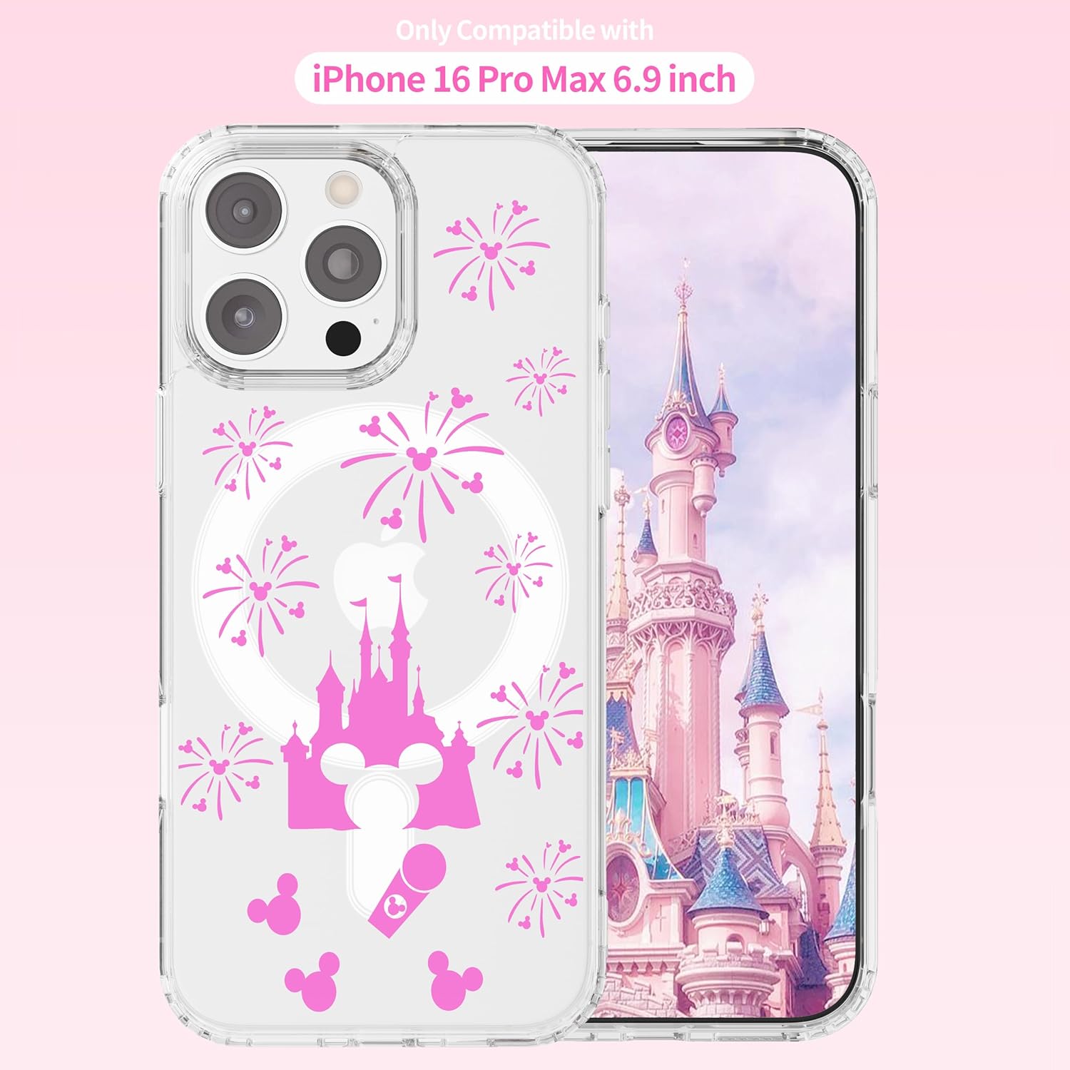 Magnetic Case Designed for iPhone 16 Pro Max 6.9 Inch, Compatible with MagSafe|Cute Pink Castle Patterns|Wireless|Anti-Yellowing|Shockproof|Protective Slim Clear Cover for Women Girl - Image 4