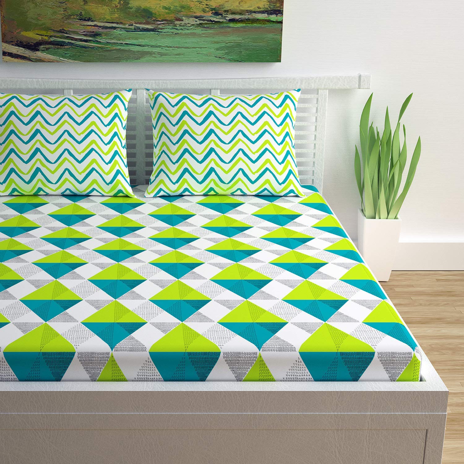 VIYANA COLLECTION 144 TC Cotton Rocca Print Mix N Match Bedsheet Set for Double Size Bed Durable Sheets - Love Bird (Queen, Green)