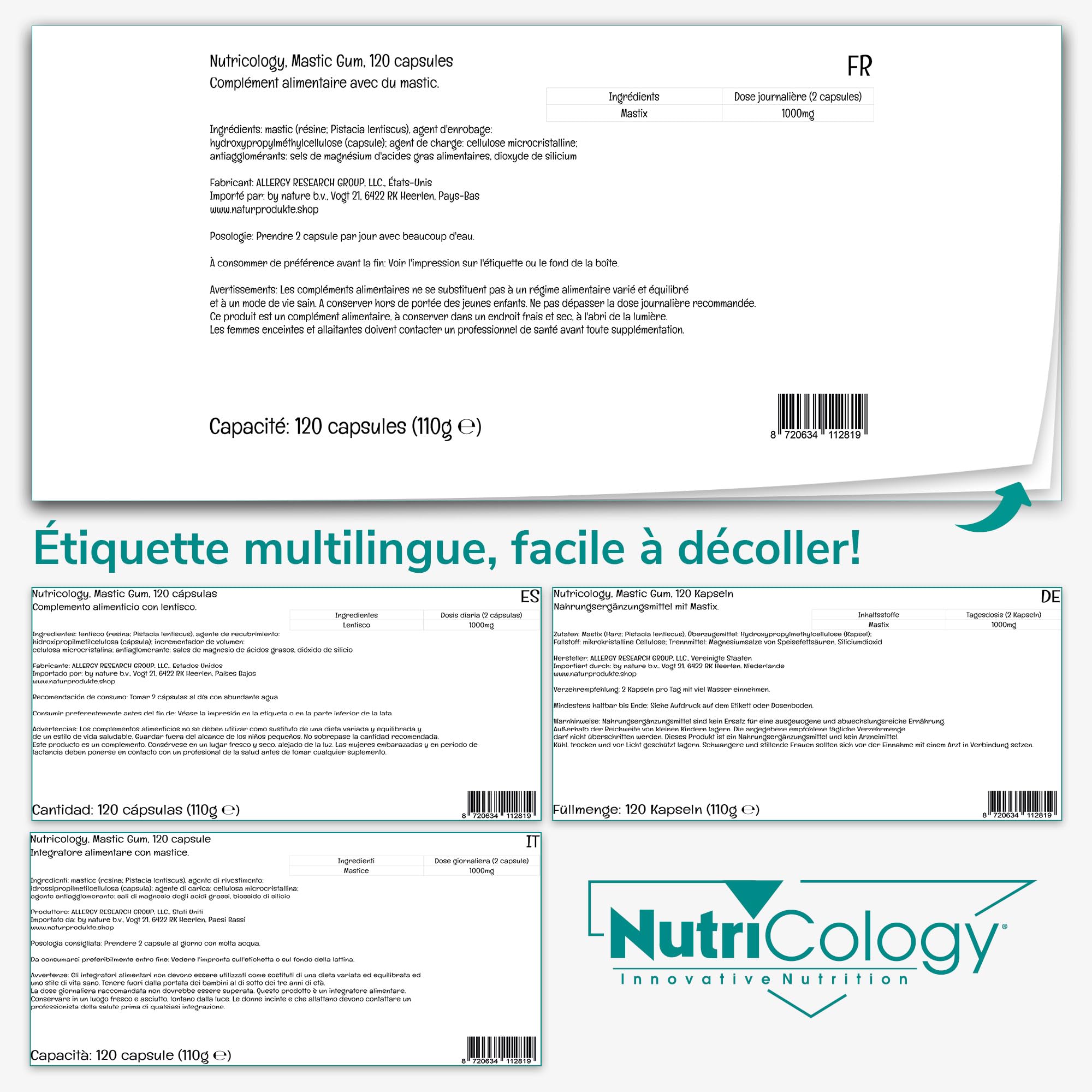 Nutricology, Mastic Gum (Mastix), 500mg, 120 Capsules végétaliennes, Végétarien, Sans Gluten, Sans Soja, Sans OGM